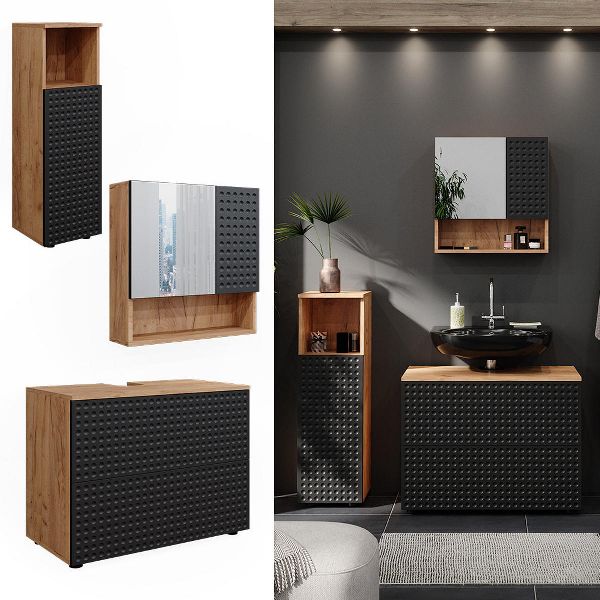 BADMÖBEL-SET Irma Anthrazit gepunktet 3 Teile, mit Midischrank - Anthrazit/Eiche Wotan, Holzwerkstoff (80/58.6/41cm) - Vicco