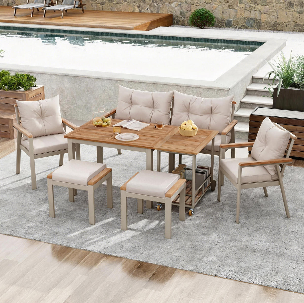 GARTEN-ESSGRUPPE 7-tlg. 6-7-Sitzer mit Servierwagen Akazienholz Beige - Beige, Holz - Beauniv
