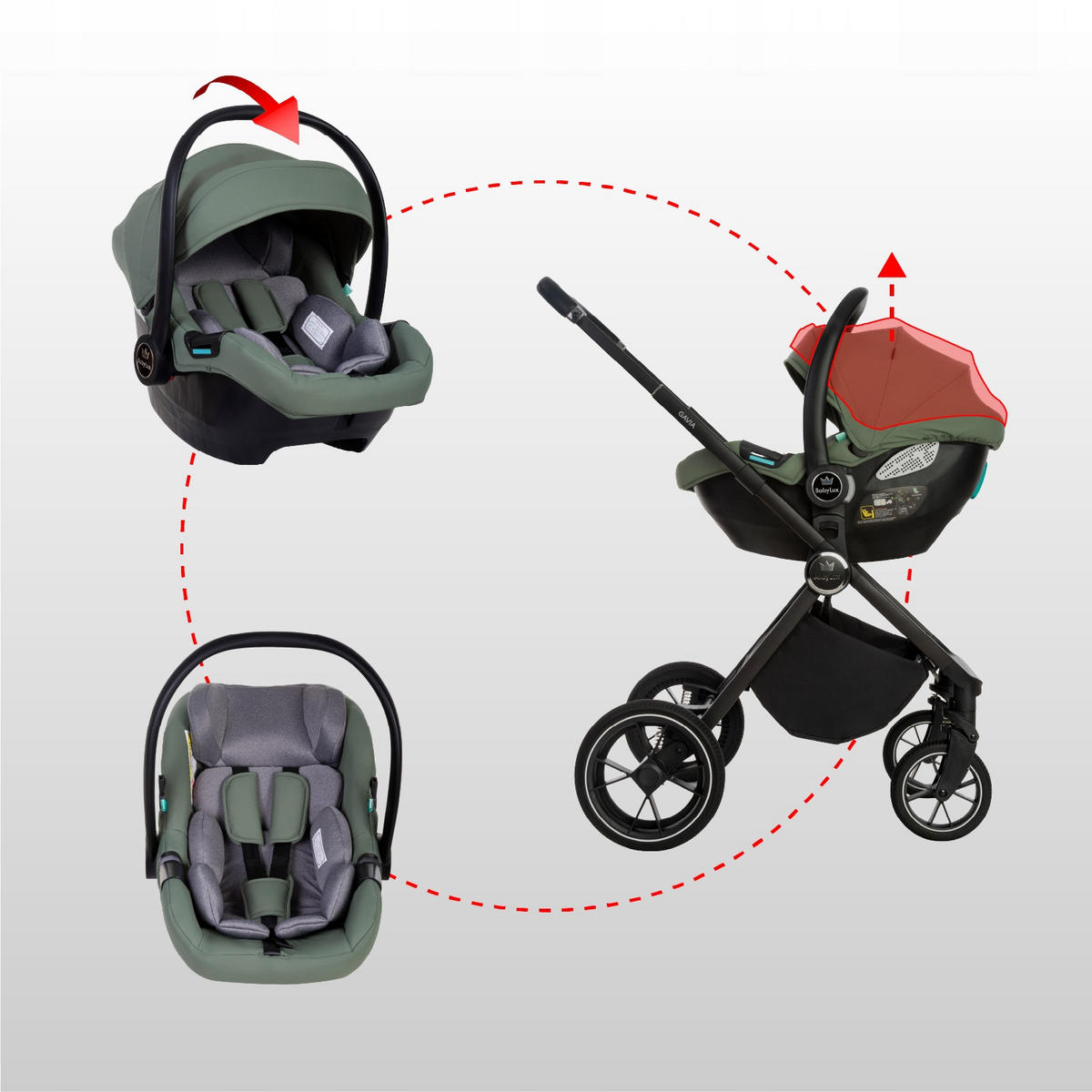 KINDERWAGEN Gavia 3in1 Sapphire Babywanne, Buggy Sportsitz, Babyschale I-Size - Schwarz/Grün, Textil/Metall (58/99cm) - BabyLux