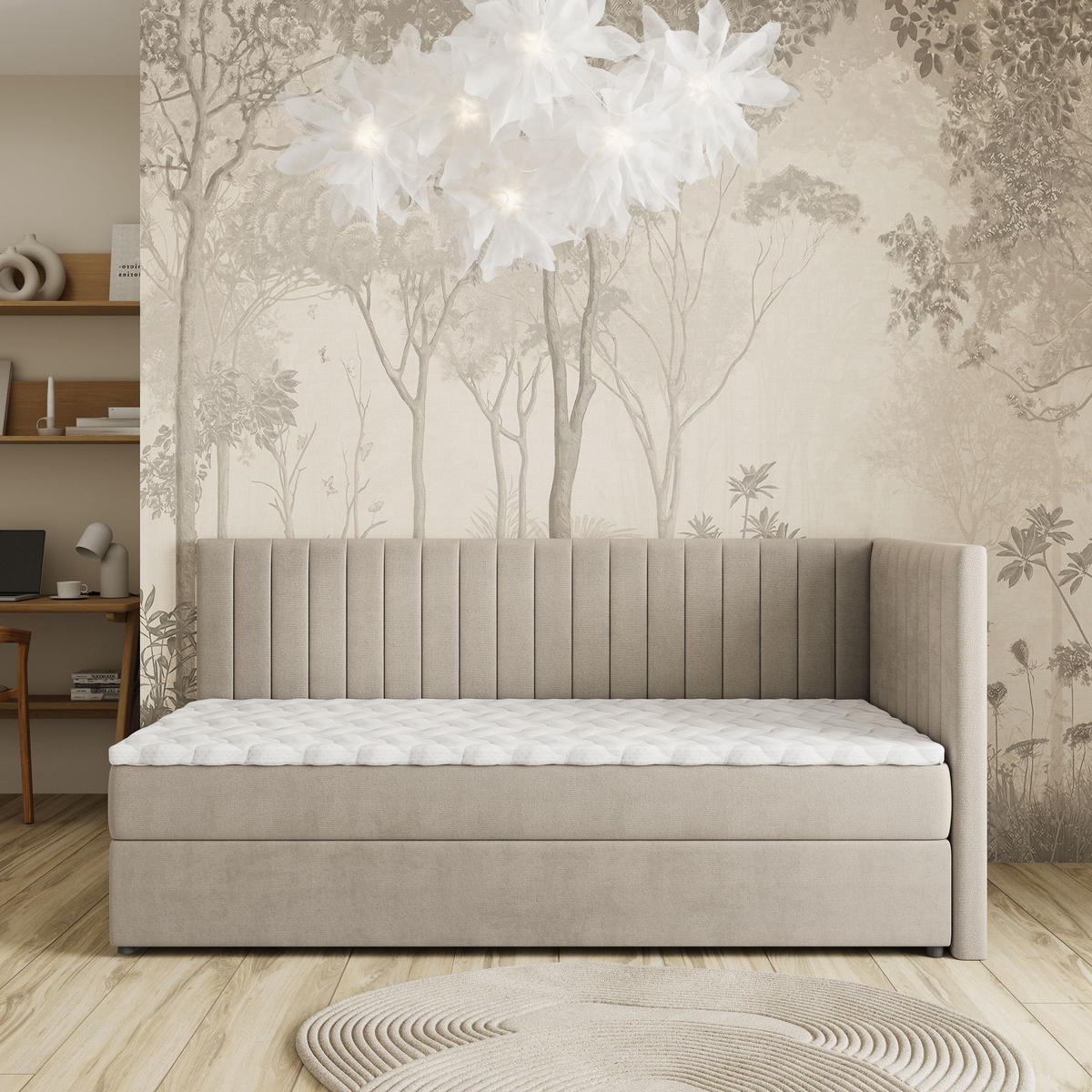 BOXBETT ARIS 80x200 cm mit Matratze und Topper, H2+H3 - Beige - Beige, Holz (80/200cm) - MASSENO