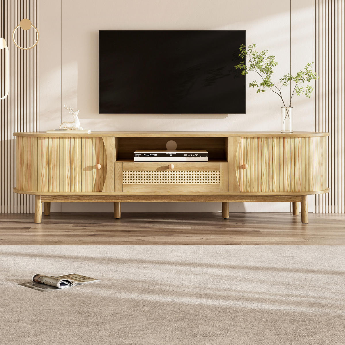 TV-LOWBOARD Rattan Türen Holz Landhaus - Naturfarben, Holz (165/46/37cm) - Fortuna Lai