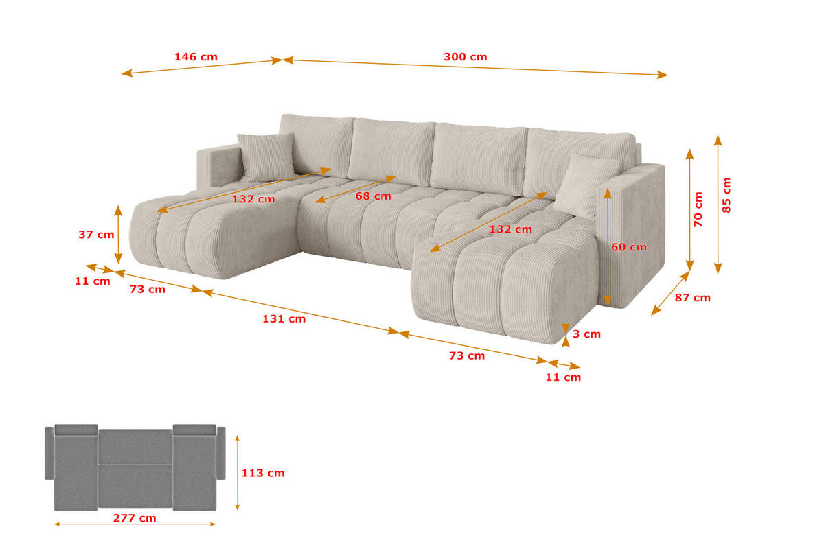 SEDACÍ SOUPRAVA DO U s funkcí spaní a úložným prostorem GARD-U 300x146x85 krémová manšestr - černá/krémová, kompozitní dřevo/textil (300/85/146cm) - ALTDECOR