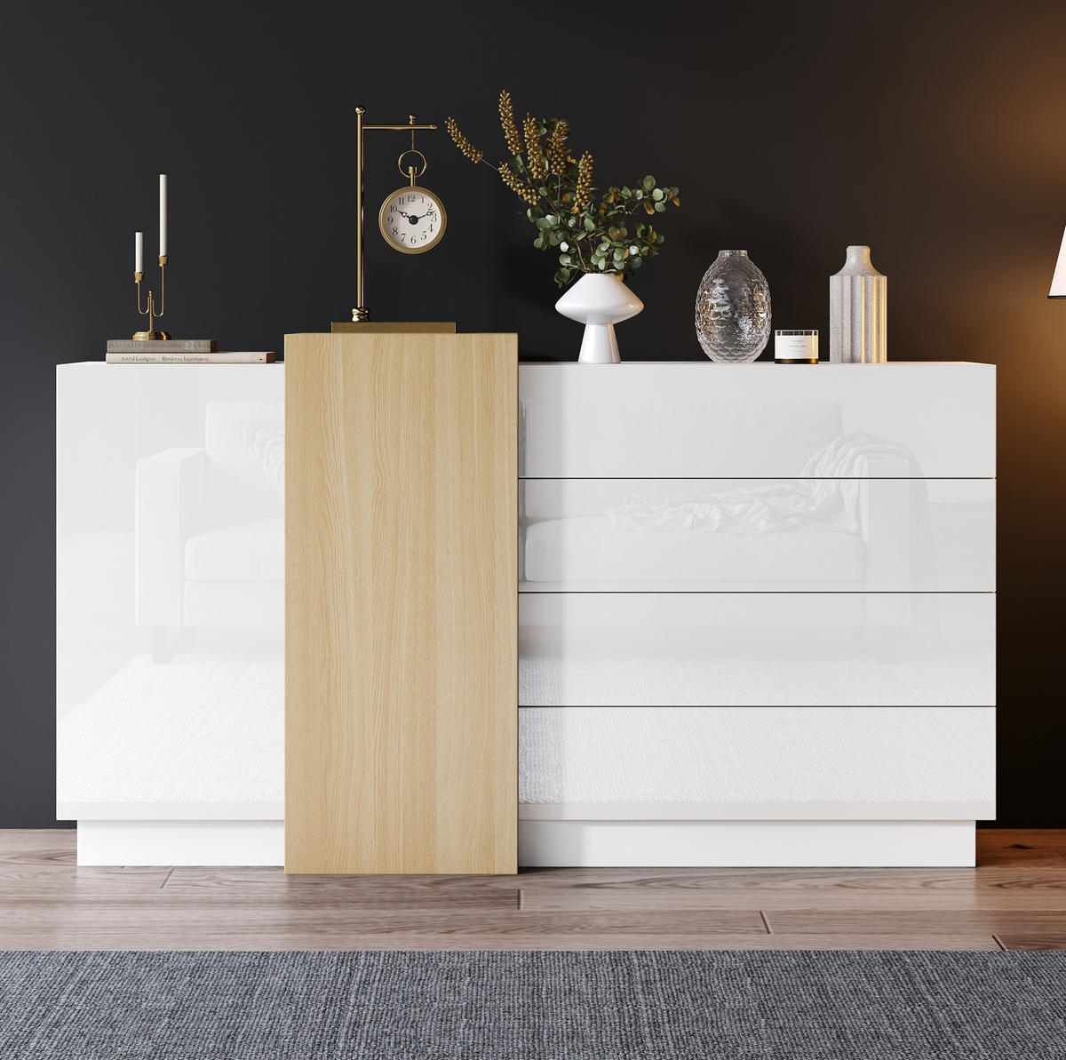 SIDEBOARD 140/35/76,5 cm in Weiß Hochglanz mit 4 Schubladen & 2 Türen - Weiß, Holzwerkstoff (140/76.5/35cm) - BEAOK