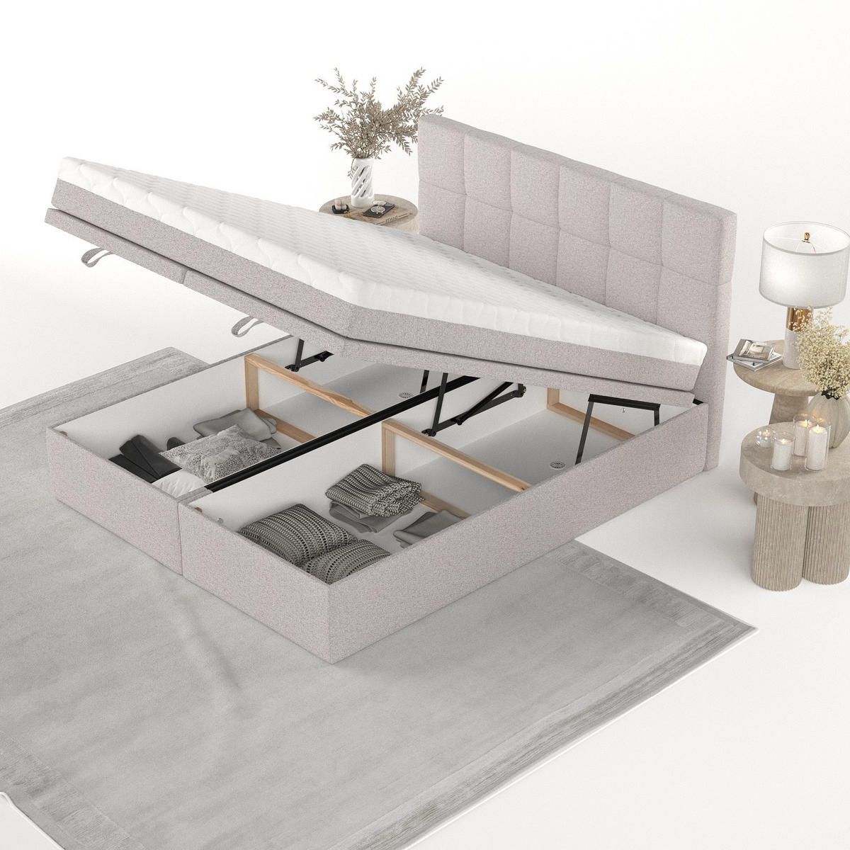 BOXBETT Elano 200/200 cm Beige im Riva Stoff - Beige/Schwarz, Holz/Holzwerkstoff (200/200cm) - AltaBeds