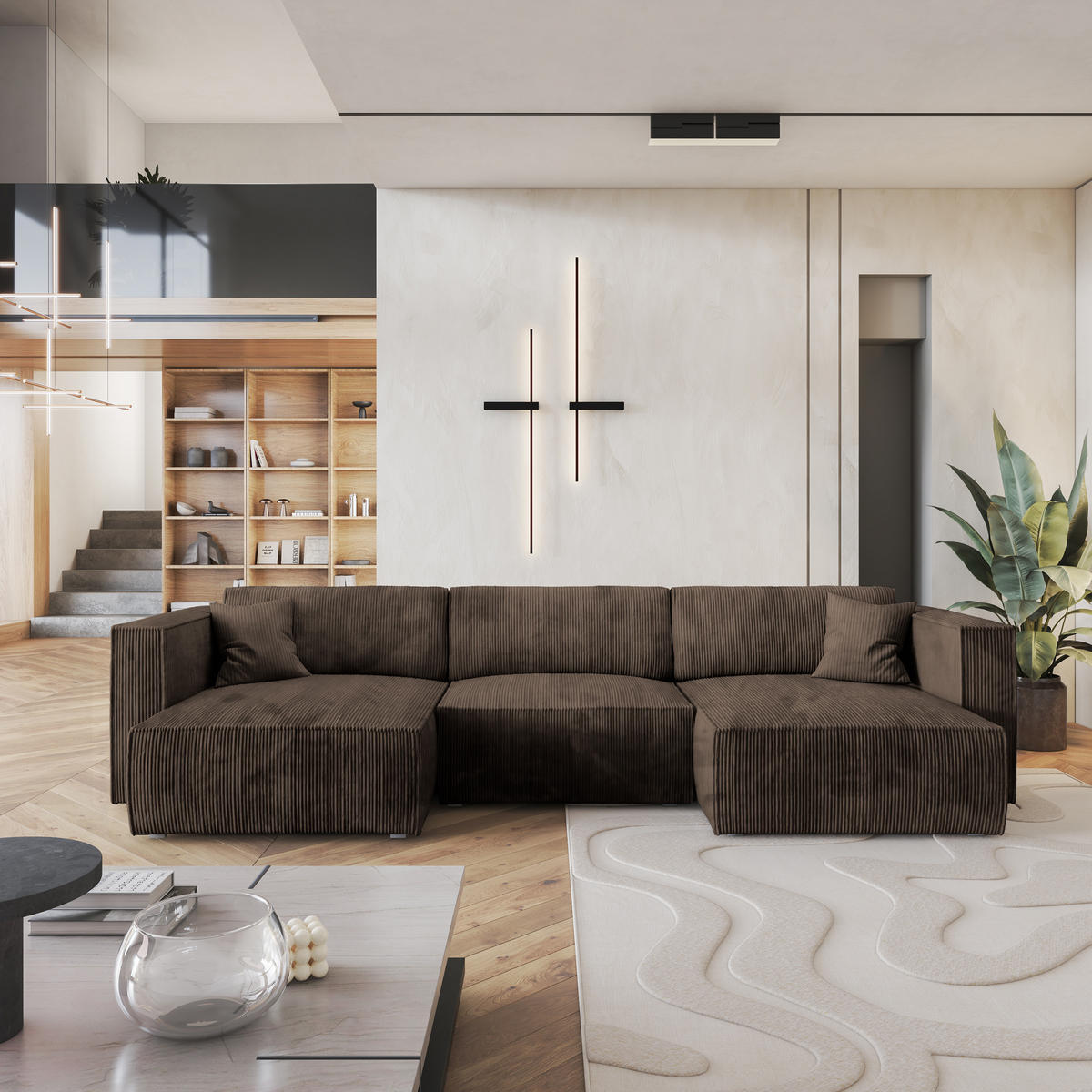 ROHOVÁ SEDAČKA SARMO hnědá - šedá/hnědá, dřevo/textil (347/148cm) - MASSENO