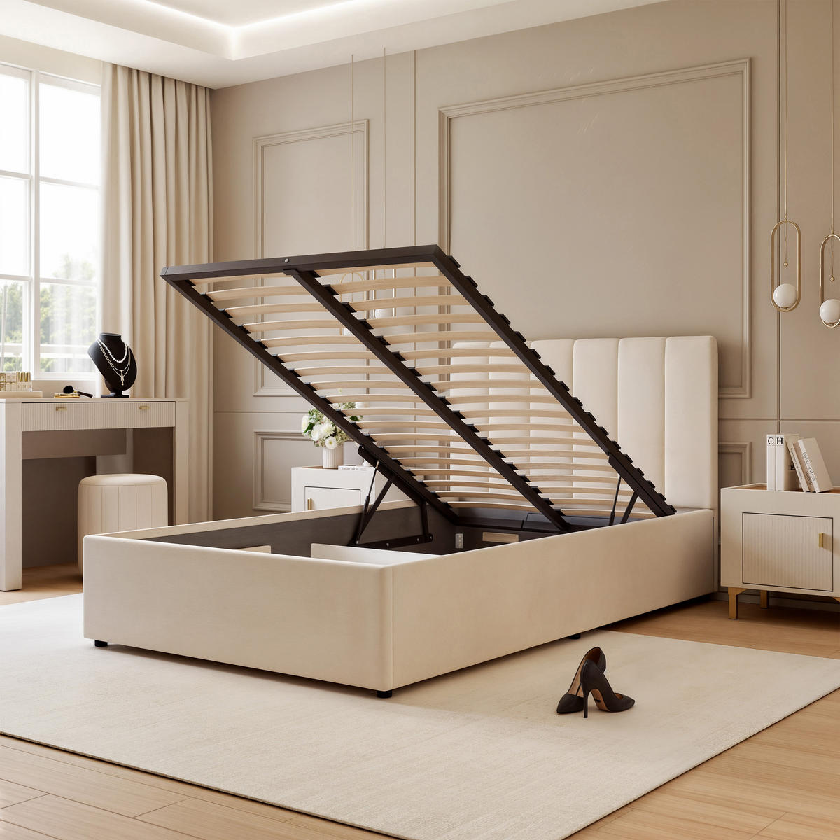 POLSTERBETT AVENA 120/200 cm Bettkasten, Beige - Beige/Schwarz, Holzwerkstoff/Textil (120/200cm) - Idohome