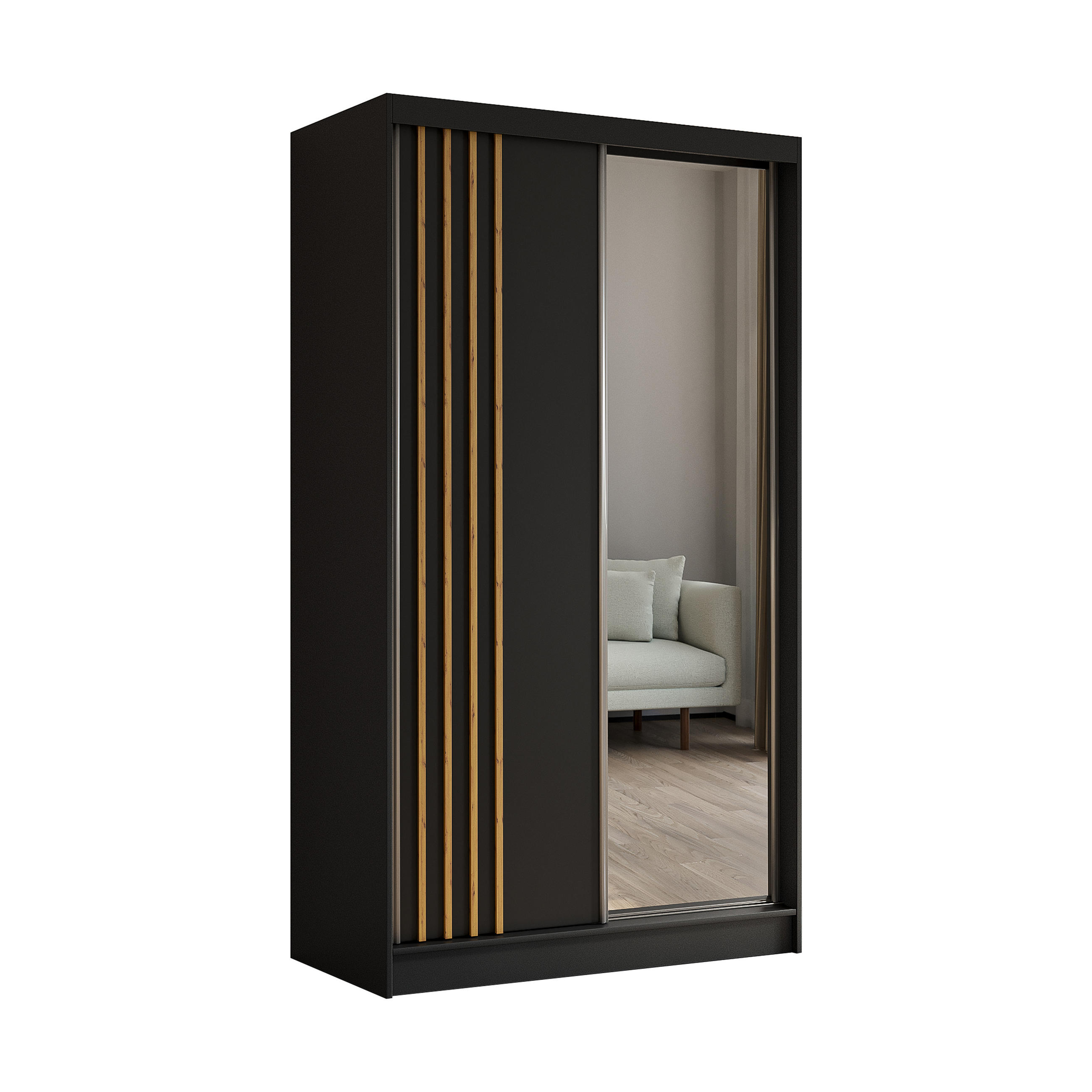 KLEIDERSCHRANK mit Spiegel-Schiebetüren und Aluminium-Leisten - NALLA - 120 cm Schwarz+Schwarz+Artisan - Anthrazit/Eiche Artisan, Holzwerkstoff (120/216/61cm) - ALTDECOR