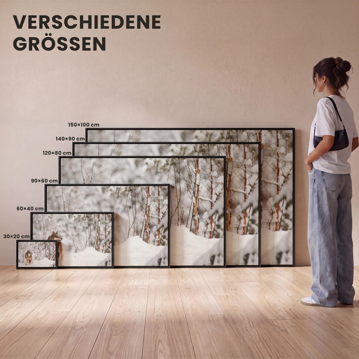 LEINWAND Bilder mit Rahmen - Wolf - Winter - Schnee - Natur - Tiere - 120x80 - Haselnussfarben, Textil (120/80cm) - MuchoWow