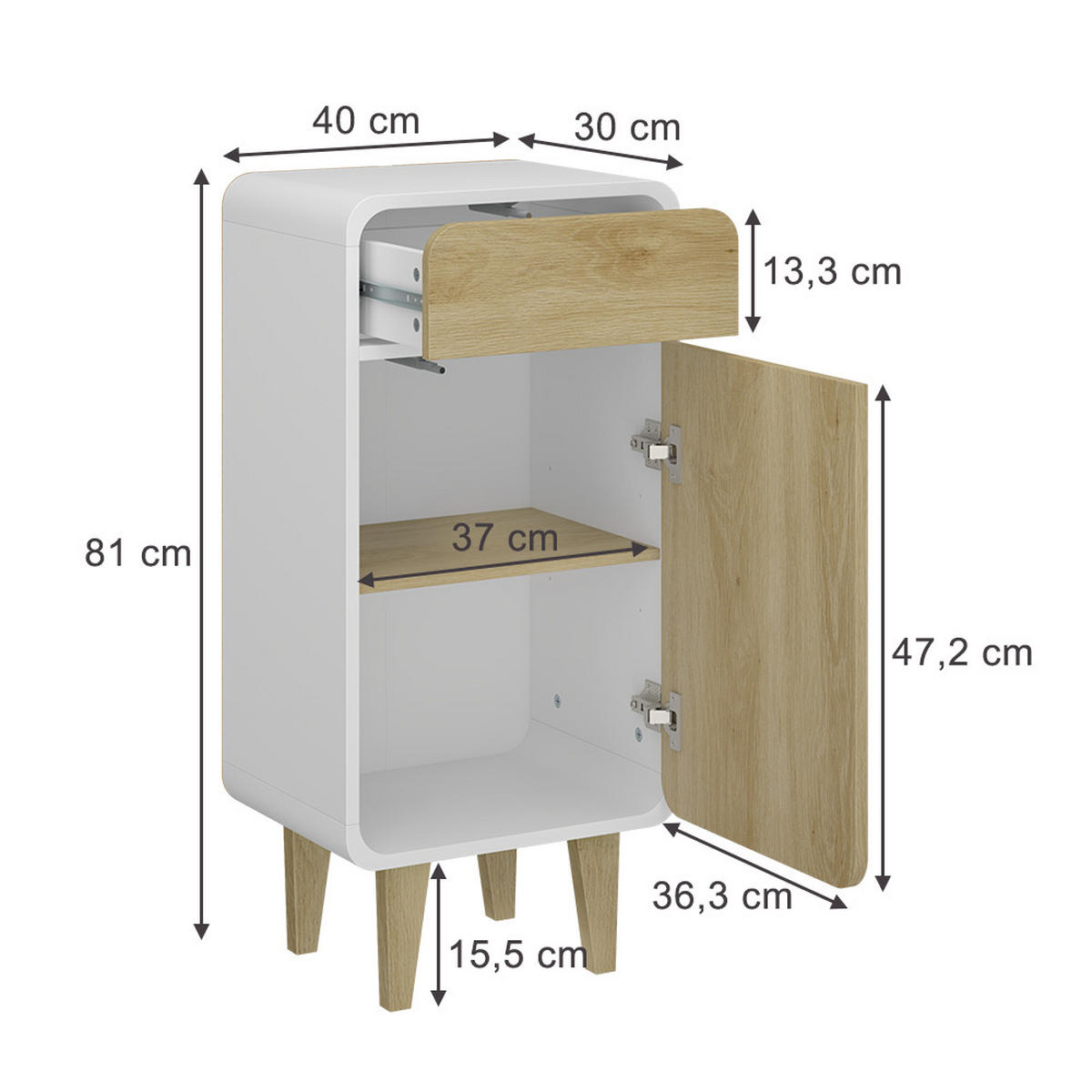 MIDISCHRANK Arla Weiß/Eiche 40 x 81 cm - Eichefarben/Weiß, Holzwerkstoff (40/81/30cm) - Vicco