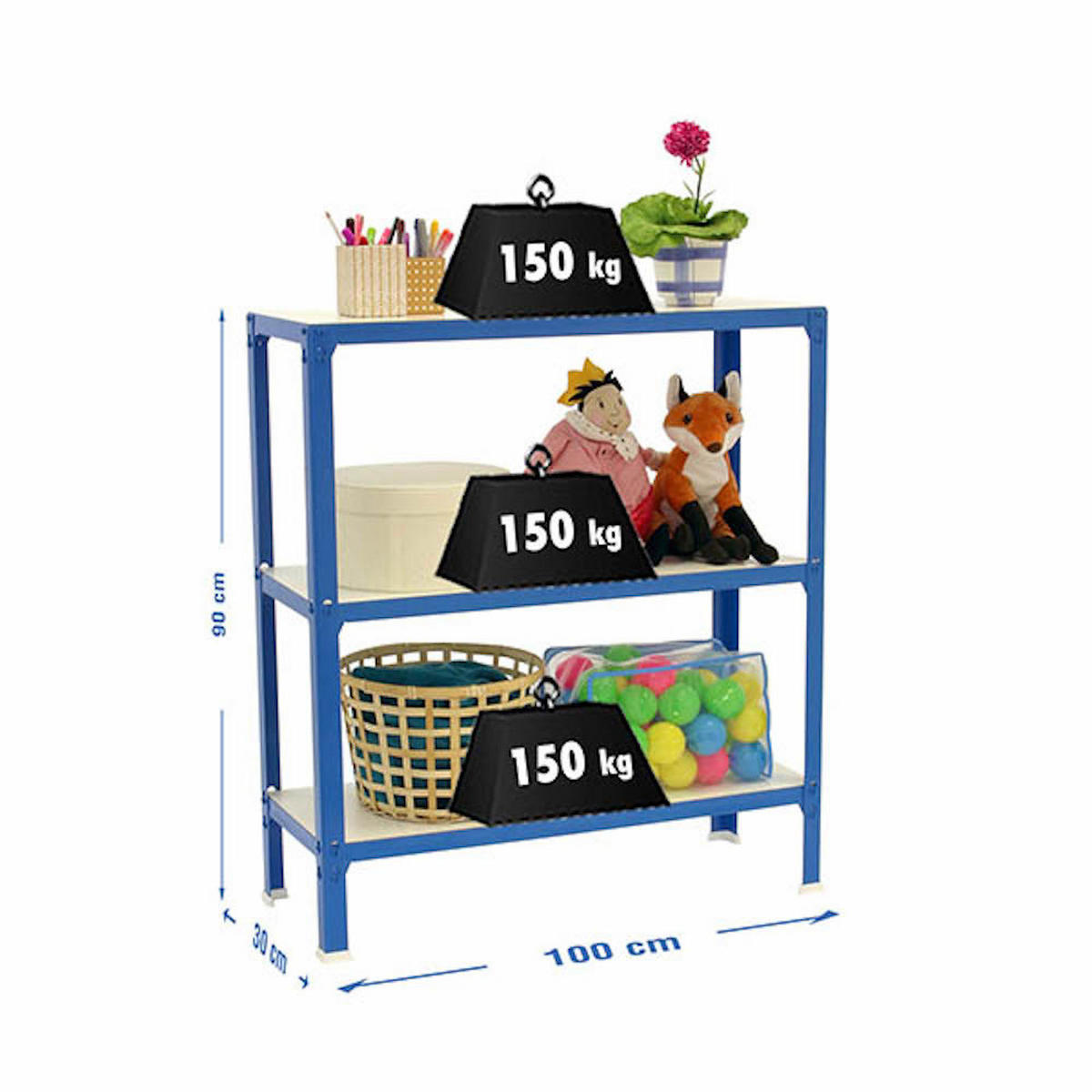 WOHNREGAL LIVING KOALA WOOD mit 3 Fachböden | HxBxT 90x100x30cm | Fachlast 150kg | Blau/Weiß - Blau, Metall (100/90/30cm) - PROREGAL