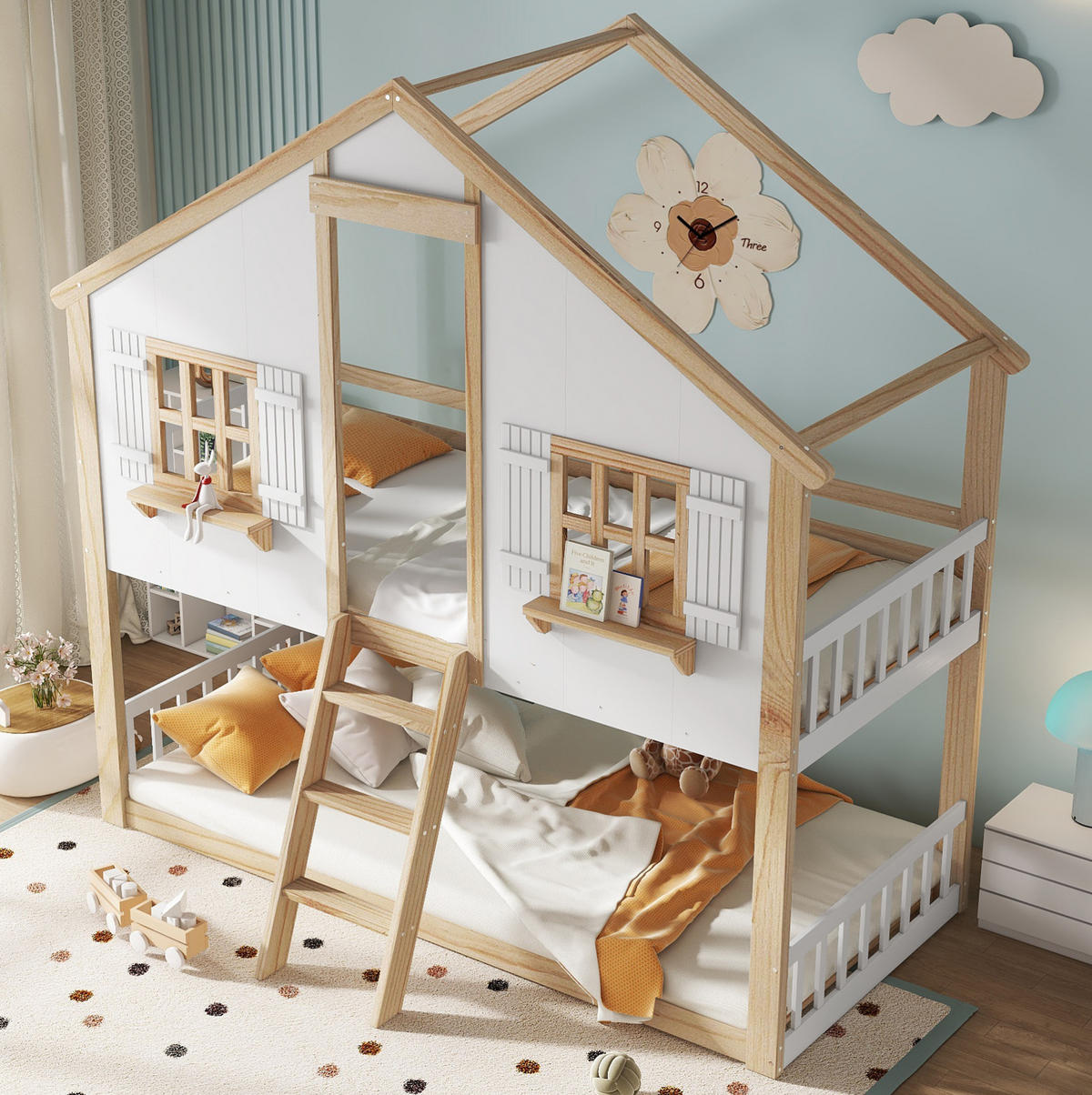 HAUSBETT 90/200 cm Weiß/Natur mit Dach, Fenstern und Sicherheitsgeländer - Weiß, Holzwerkstoff (90/200cm) - Flora Grace