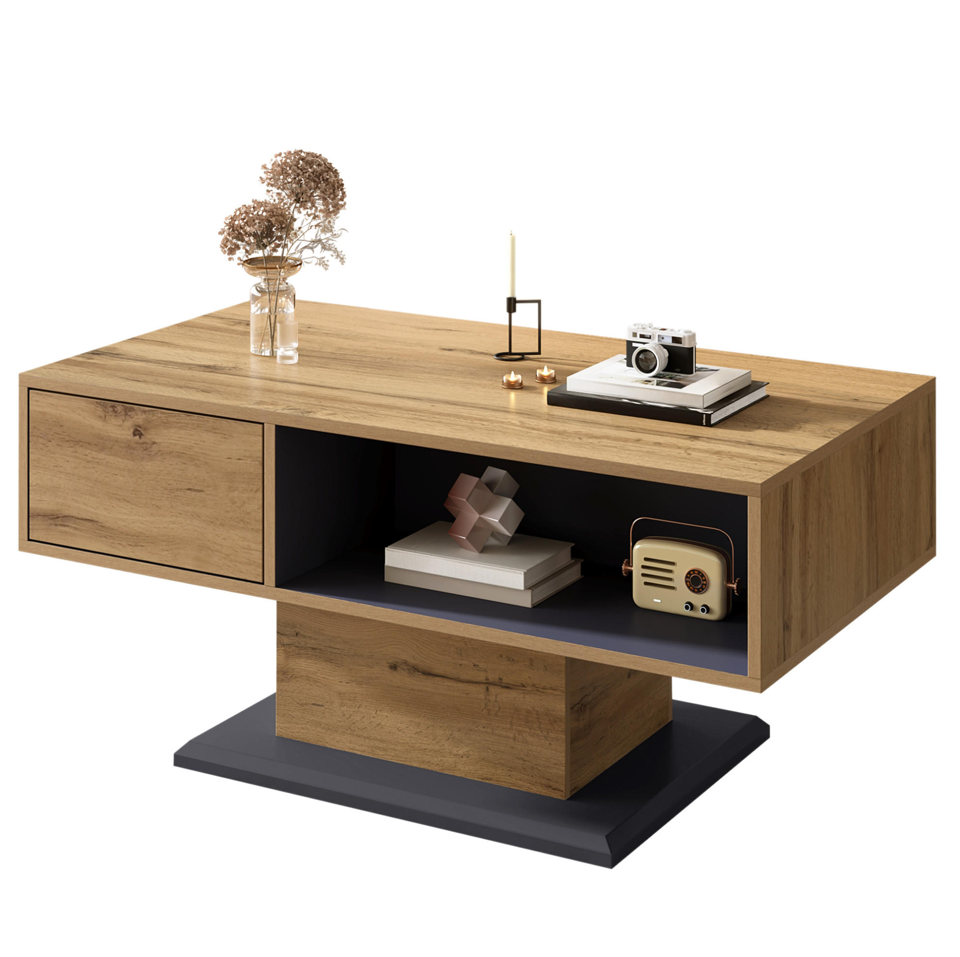 COUCHTISCH 100/50/46.5 cm Grau/Eiche aus Spanplatte mit doppelseitigem Stauraum - Grau, Holzwerkstoff (100/50/46.5cm) - OKMYHOME
