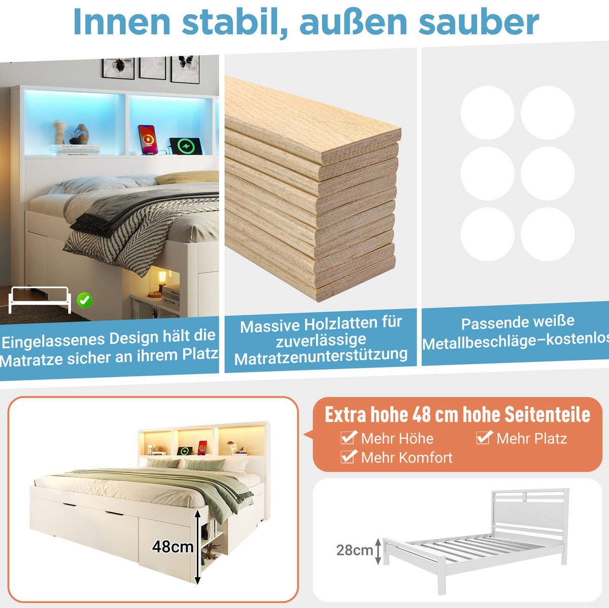 BETT 140/190 cm mit LED-Beleuchtung, USB-C, Stauraum und beweglichem Nachttisch, Weiß - Weiß, Holzwerkstoff (140/190cm) - Redom
