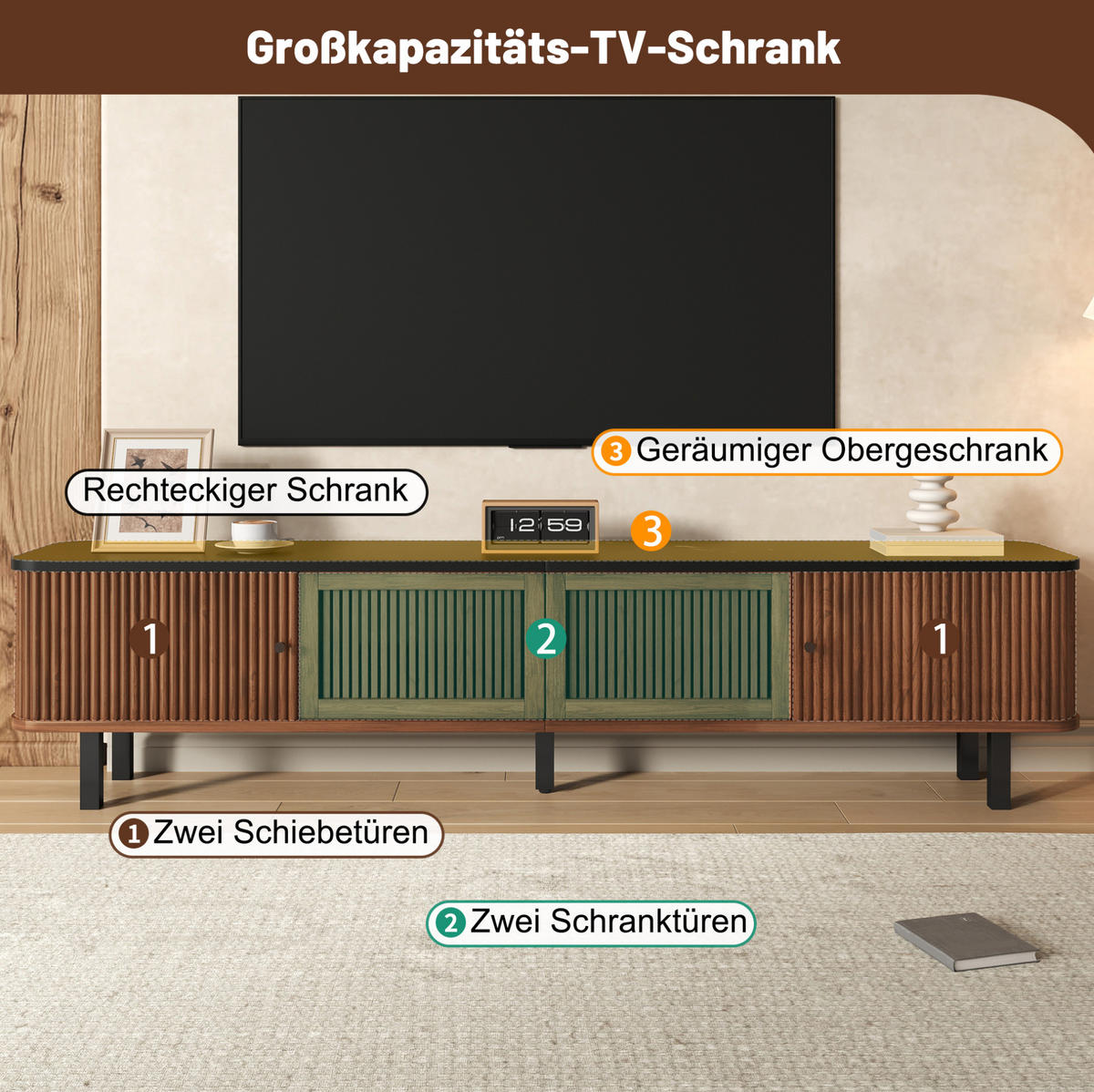 TV-LOWBOARD aus MDF und Spanplatte 190x35x45 cm Nussbaum mit Schiebetüren und Gittertür - Braun, Holzwerkstoff (190/45/35cm) - IVMEU