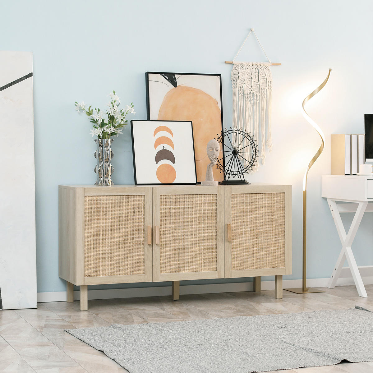 SIDEBOARD Holzwerkstoff/Rattan-Optik, 3 Türen, 136/41/70 cm - Naturfarben, Holz (136/70/41cm) - PANGIVO