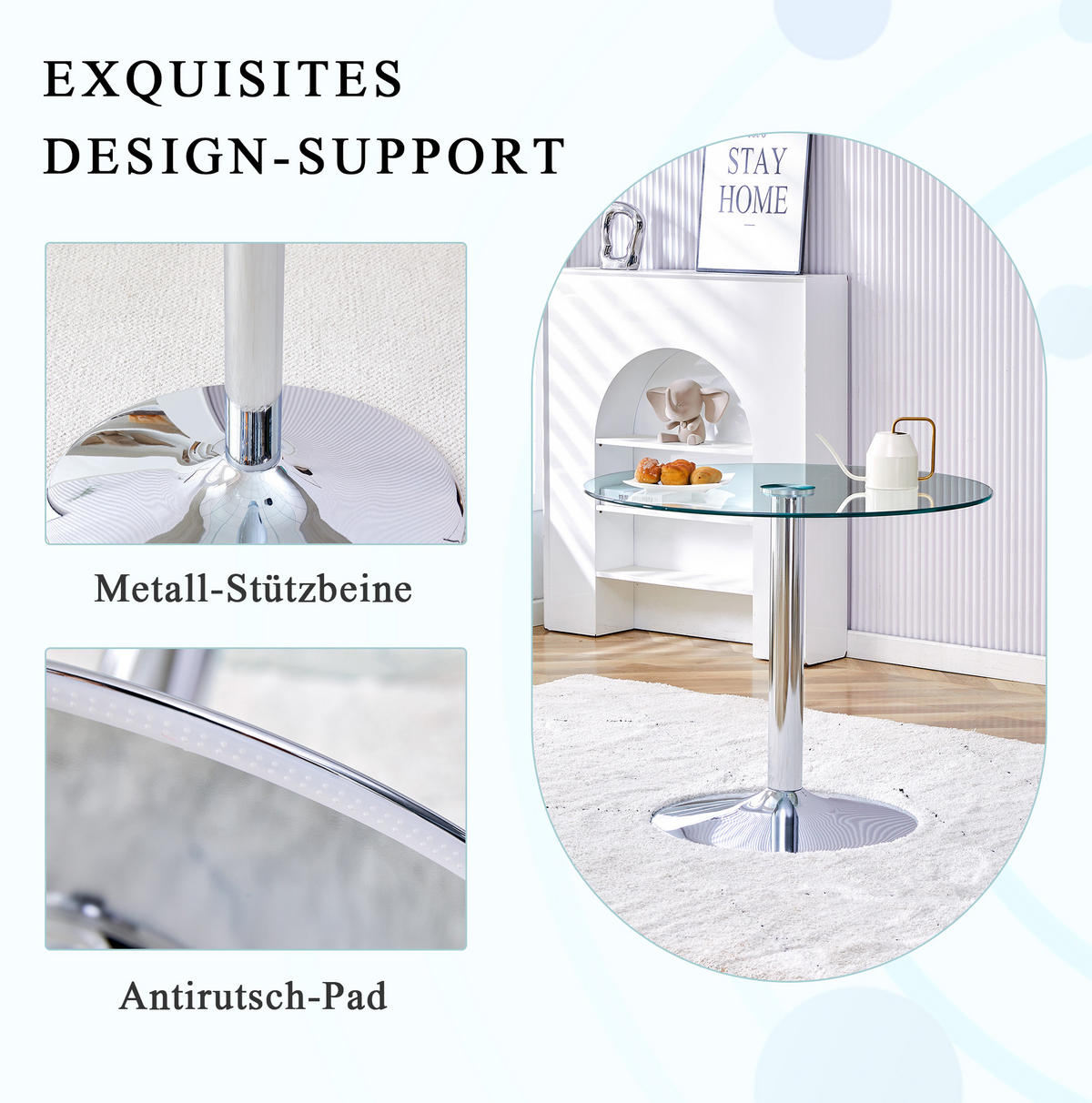 BARTISCH 85/85/76 cm Transparent Silber Glastisch mit Metallfuß - Silberfarben, Glas (85/85/76cm) - OKWISH