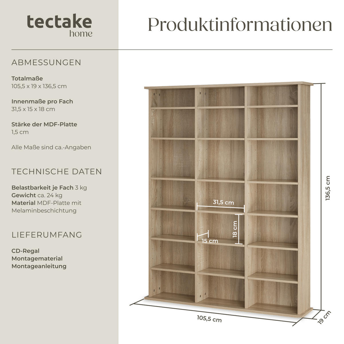CD/DVD Regal Stevie,105,5 x 19 x 136,5 cm,Holz hell, Eiche Sonoma - Eiche Artisan, Holz (19/136.5/105.5cm) - tectake