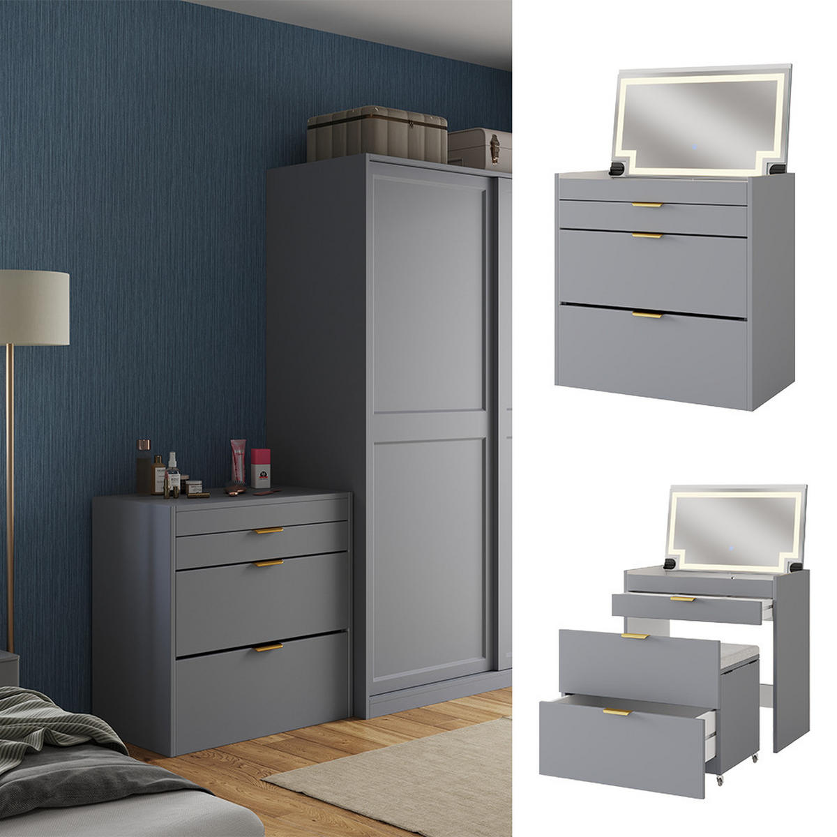 SCHMINKKOMMODE Wanja Grau 80 cm mit Bank und LED Spiegel - Grau, Holzwerkstoff (80/80/46cm) - Vicco