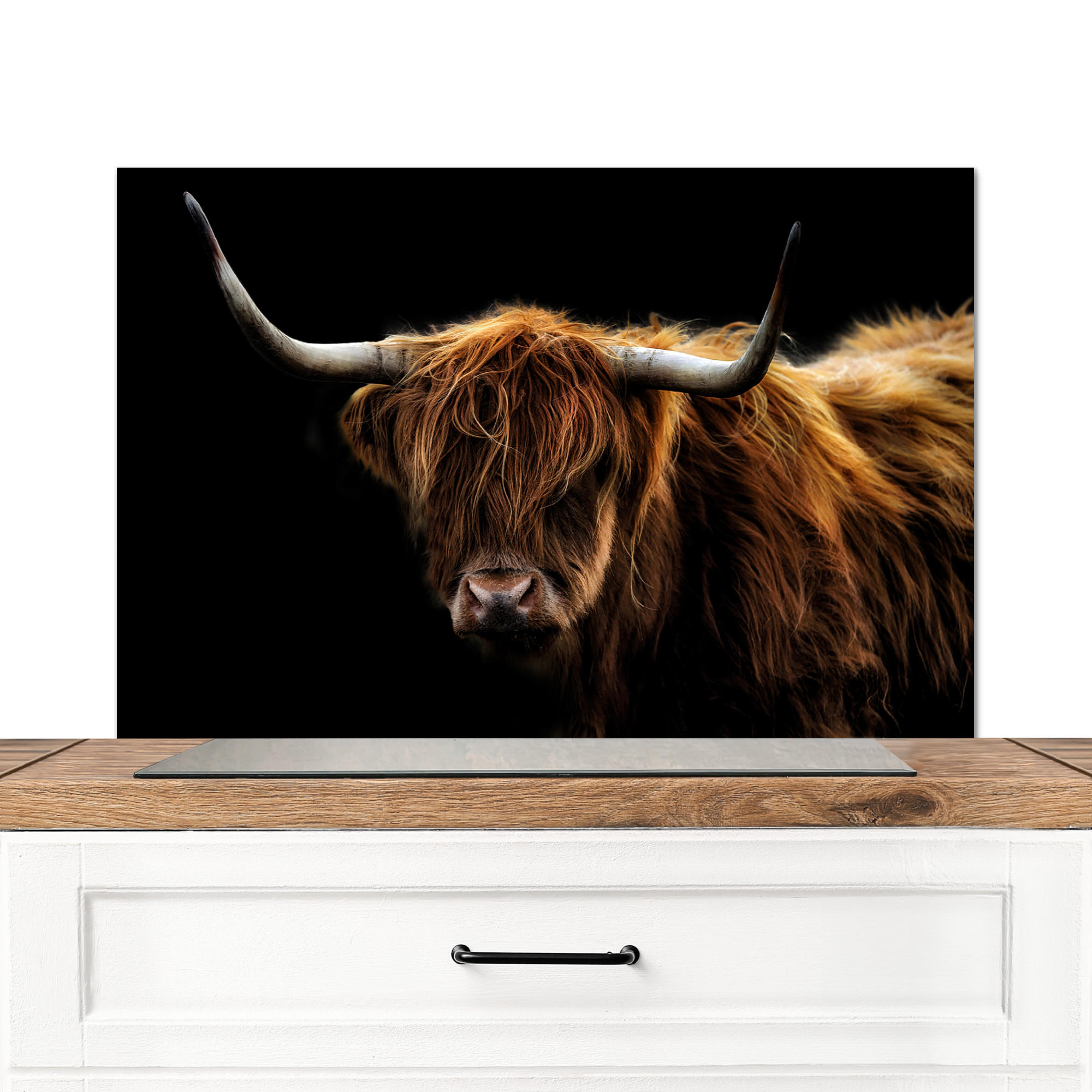 SPRITZSCHUTZ KÜCHE Schottischer Highlander - Hörner - Schwarz - Tiere - Natur - Wild - Kuh 90x60 cm - Cognac, Metall (90/0.3/60cm) - MuchoWow