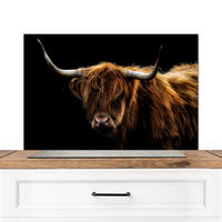 SPRITZSCHUTZ KÜCHE Schottischer Highlander - Hörner - Schwarz - Tiere - Natur - Wild - Kuh 80x55 cm - Cognac, Metall (80/0.3/55cm) - MuchoWow