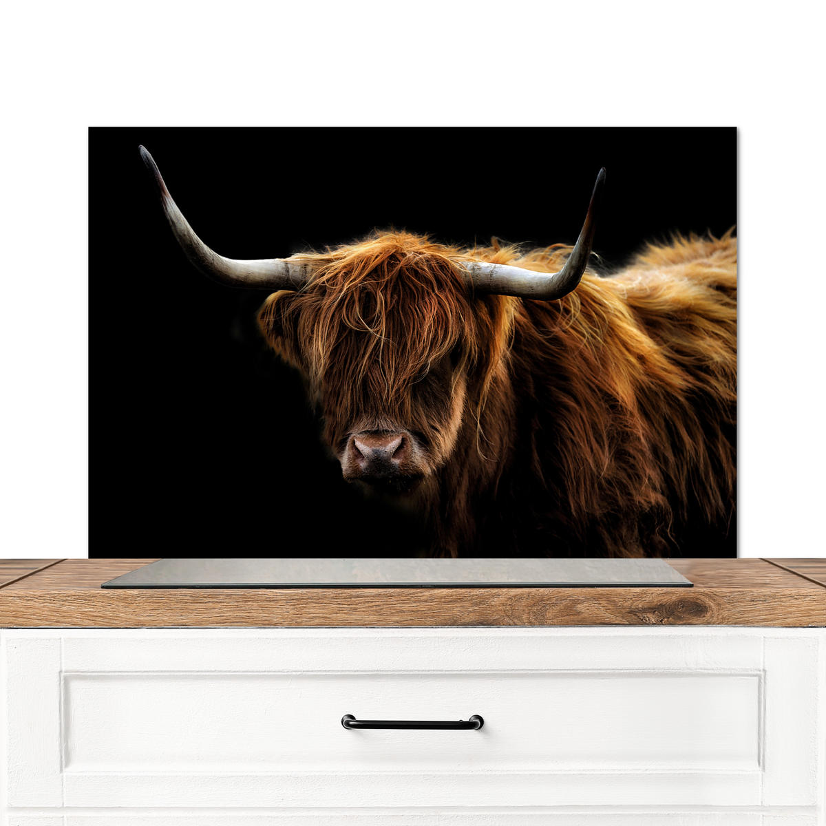 SPRITZSCHUTZ KÜCHE Schottischer Highlander - Hörner - Schwarz - Tiere - Natur - Wild - Kuh 80x55 cm - Cognac, Metall (80/0.3/55cm) - MuchoWow