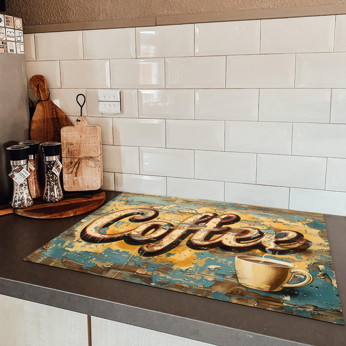 HERDABDECKPLATTE Kaffee - Vintage - Braun - Tasse Herdabdeckung Induktionsfeld 75x52 cm - Teakfarben, Kunststoff (75/52/0.2cm) - MuchoWow