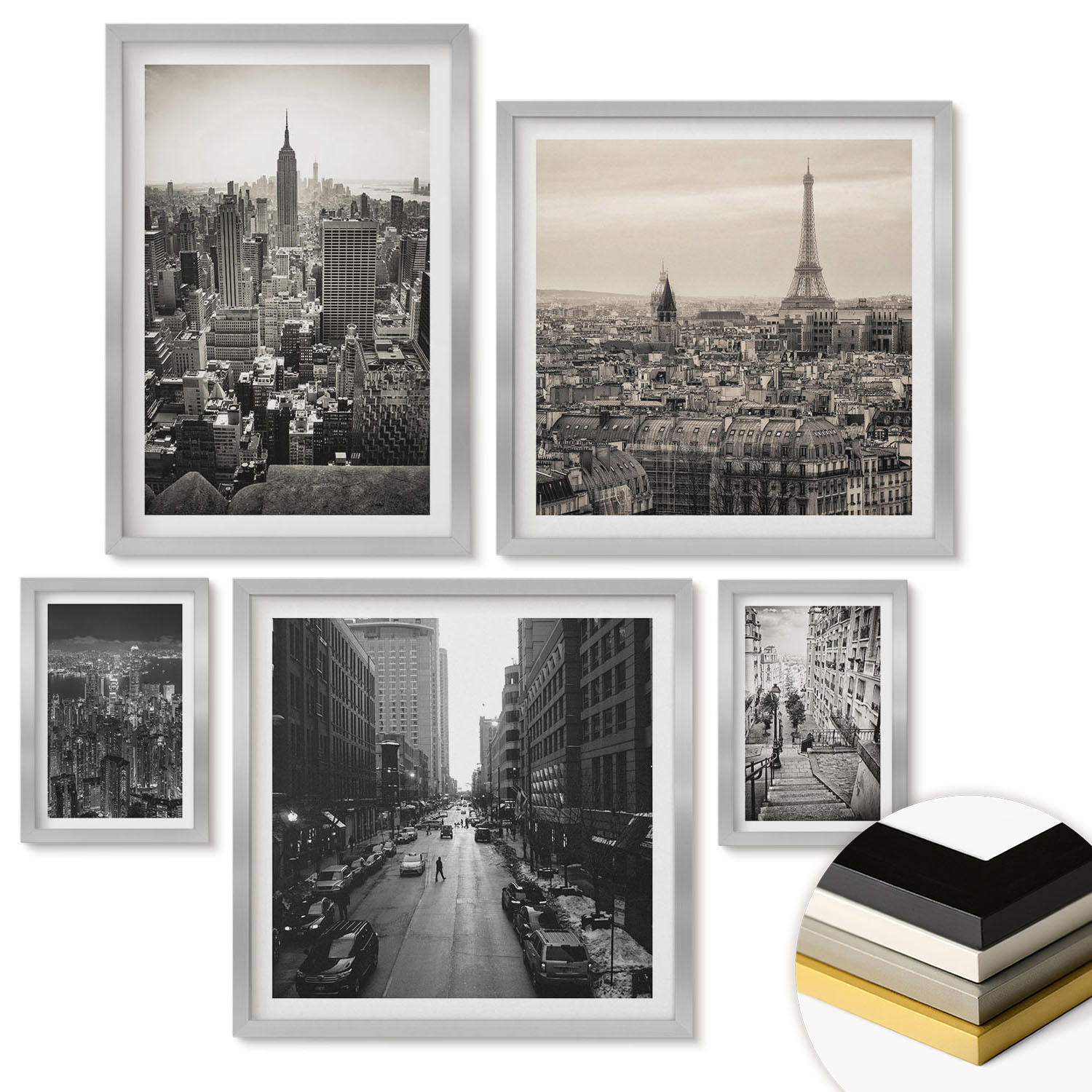 WANDBILDER 5er Set - 50x50 cm & 20x30 cm & 40x60 cm Silberner Rahmen - Winterlandschaften, Wasserfälle, Nordlichter - Silberfarben, Kunststoff (40/60cm) - ArtPrintCave