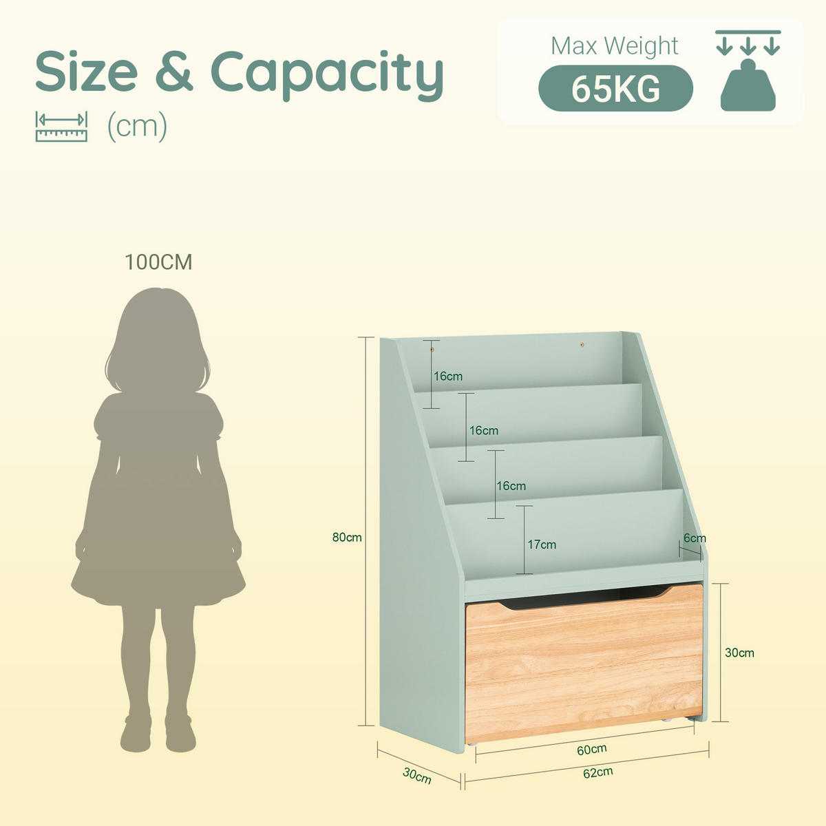 BILDERBUCHREGAL für Kinder, Grün, 4 offene Fächer und große Schublade, auf 4 Rollen, 80 cm hoch, für Kinderzimmer, Leseecke und Kindergarten - Naturfarben/Grün, Holz/Holzwerkstoff (62/80/30cm) - SoBuy