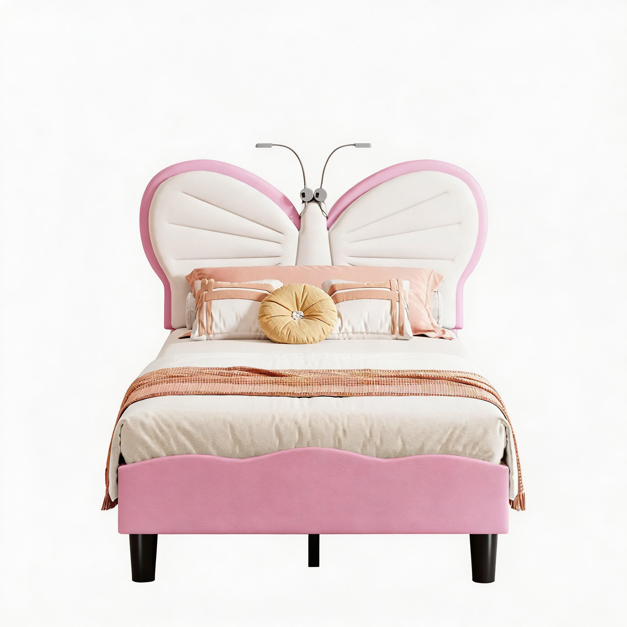 KINDERBETT 90x200 mit LED-Beleuchtung und Lattenrost, Schmetterlings-Kopfteil, höhenverstellbar, Rosa - Rosa, Holz/Metall (90/200cm) - GENKI LIVING