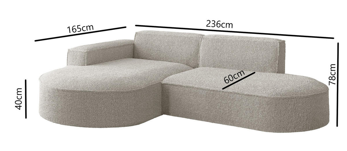 ECKSOFA Designer L-Form MODENA STUDIO Stoff Loop Grau Rechts - Grau, Holz (236/165cm) - Kaiser Möbel