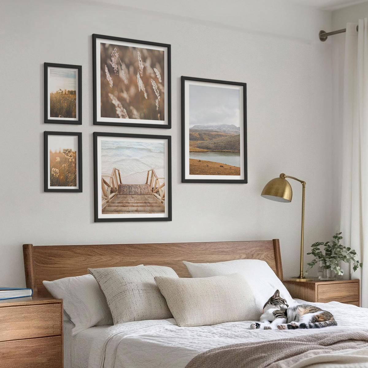 BILDER SET 5er Set - 50x50 cm & 20x30 cm & 40x60 cm Schwarzer Rahmen - Landschaften Wiesen Berge See - Schwarz, Kunststoff (40/60cm) - TULUP