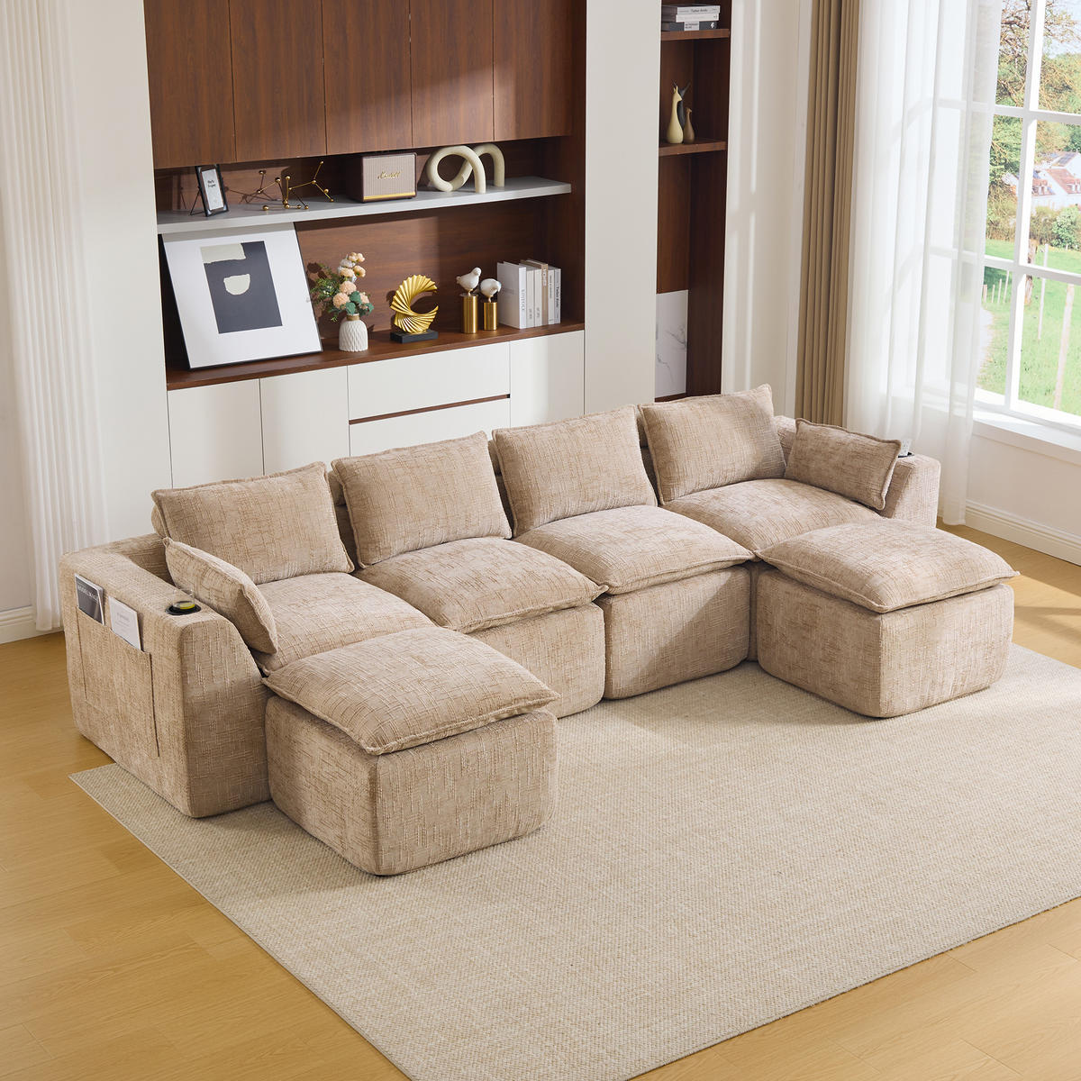 WOHNLANDSCHAFT DE-33951 modular mit 2 Fußhockern Khaki - Sandfarben, Textil (161/75/332cm) - ComfortXL
