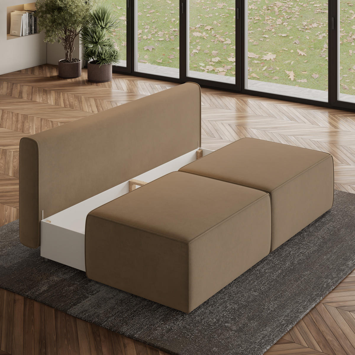 ECKSOFA VARNA M Beige Velours-Stoff mit Schlaffunktion - Beige, Holz (196/158cm) - MASSENO