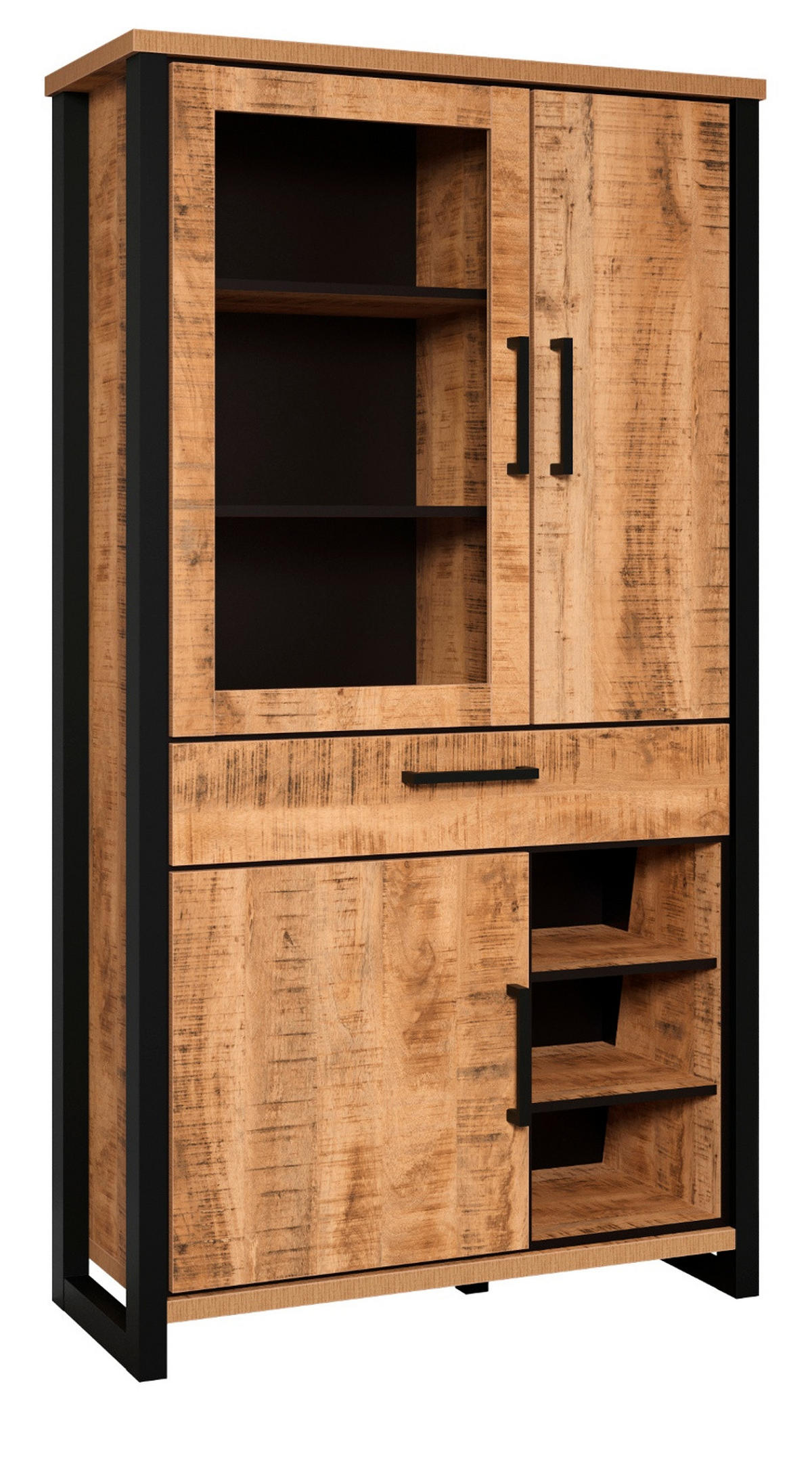 VITRINE Mango, schwarz 106 x 195 cm, Vitrinenschrank für Wohn- und Esszimmer - Schwarz/Naturfarben, Glas/Holzwerkstoff (106/195/45cm) - Top.Furn