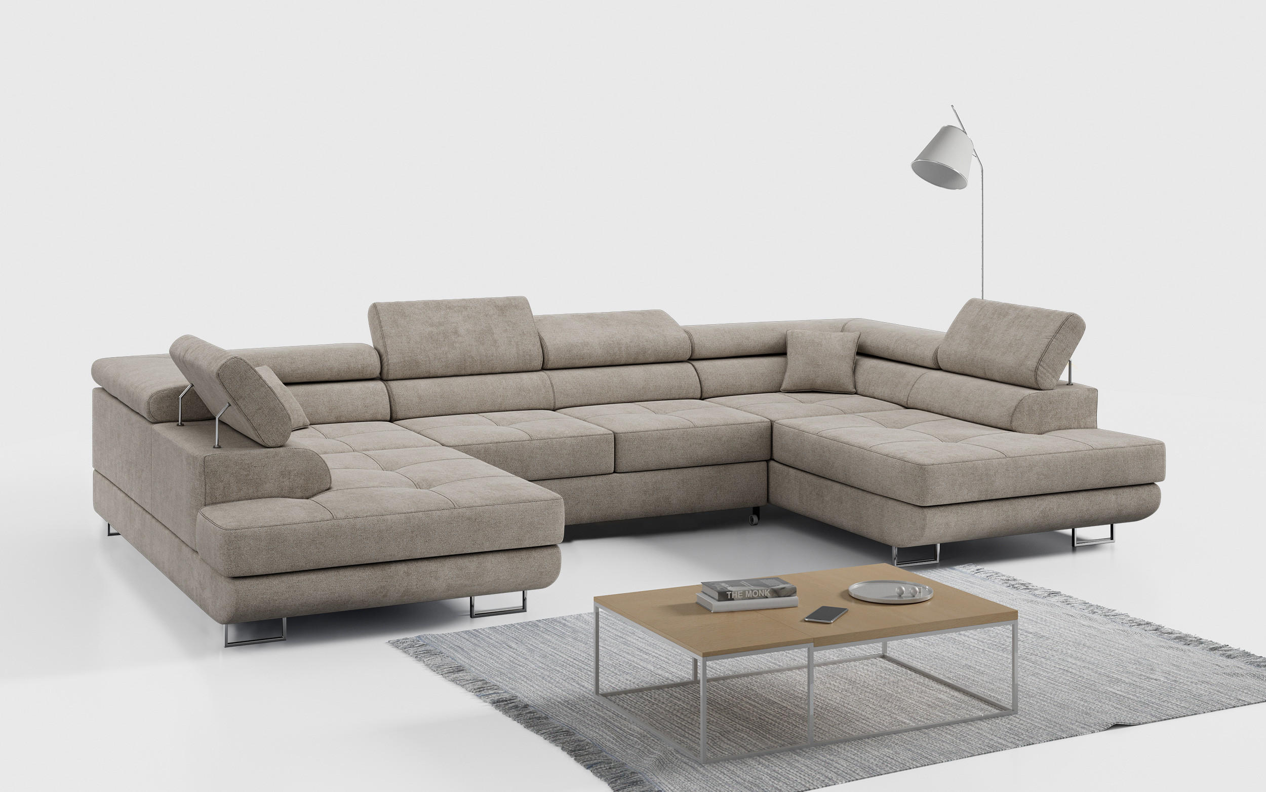 WOHNLANDSCHAFT GUSTAW U Beige Struktur - Beige/Silberfarben, Textil/Metall (340/55/205cm) - MKS
