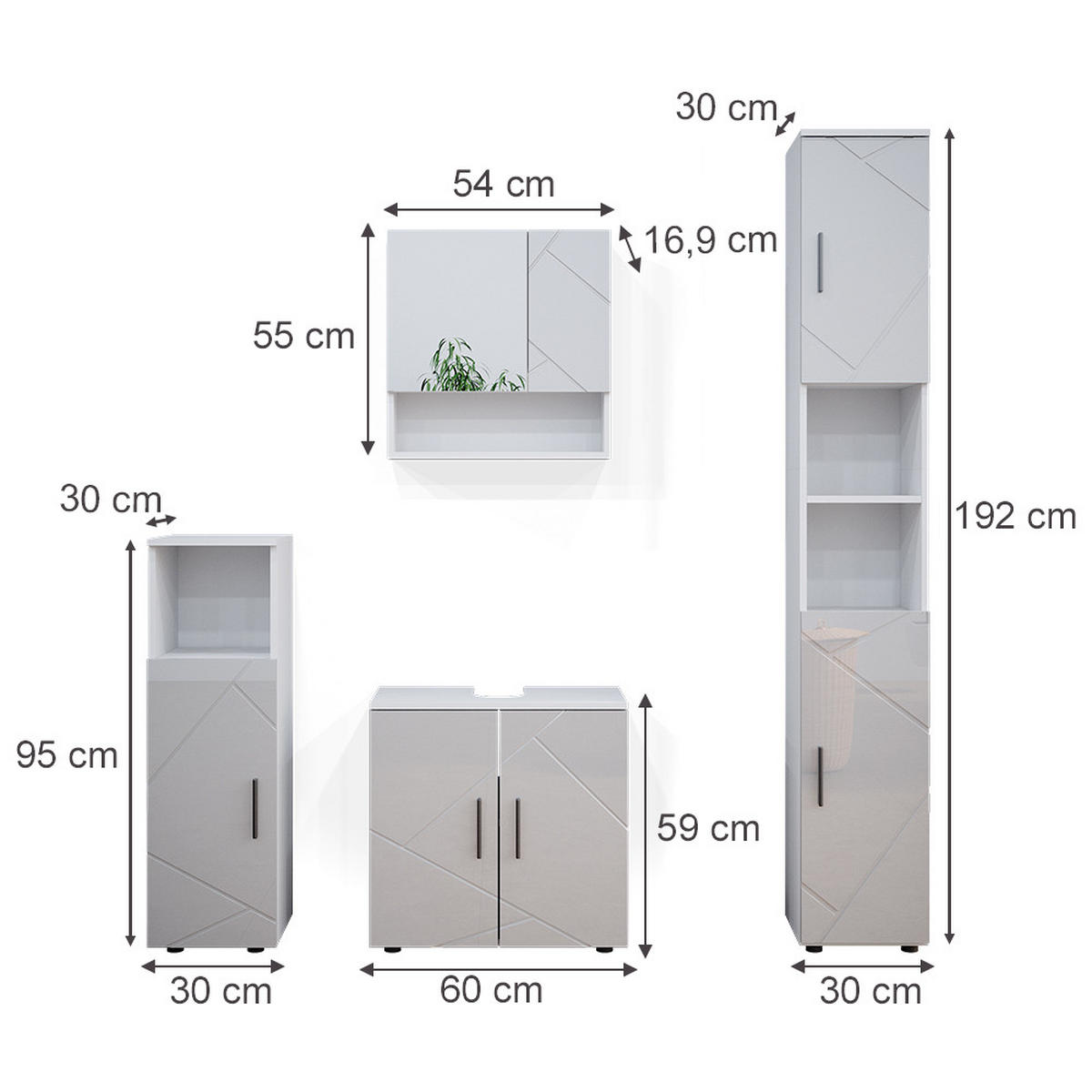BADMÖBEL-SET Irma Weiß Hochglanz 4 Teile, mit Hochschrank - Weiß Hochglanz/Weiß, Holzwerkstoff (80/58.6/41cm) - Vicco