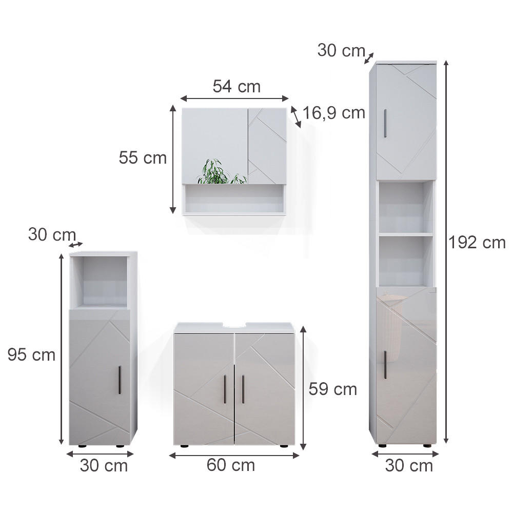 Thumbnail - Livinity® Badmöbel-Set, Weiß Hochglanz, Weiß, Holzwerkstoff, 16 Fächer, Rechteckig, 60x192x30 cm, Badezimmer, Badmöbelse...