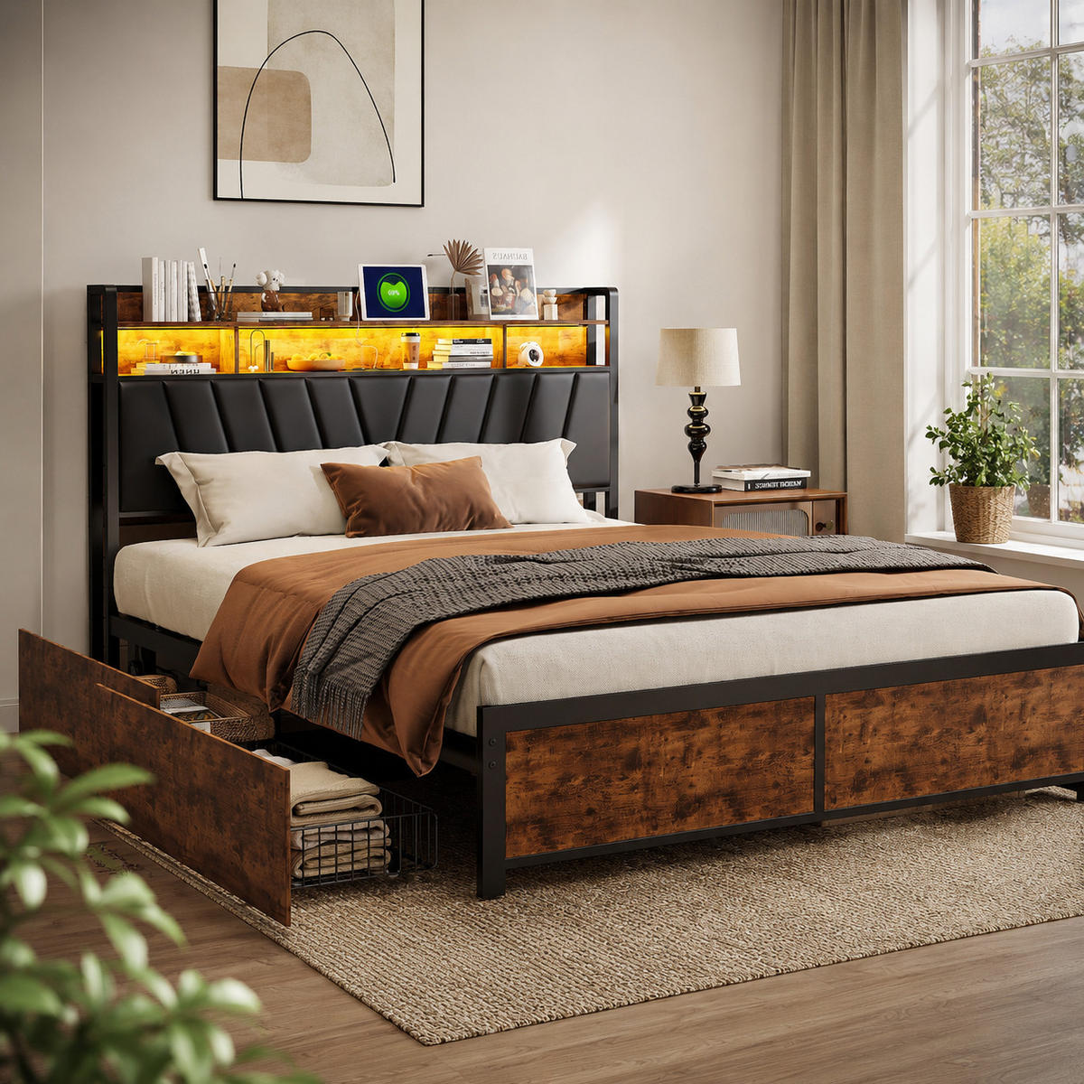DOPPELBETT 180/200 cm mit Schubladen LED-Beleuchtun und USB - Braun, Holz (180/200cm) - PARAFTA HOME