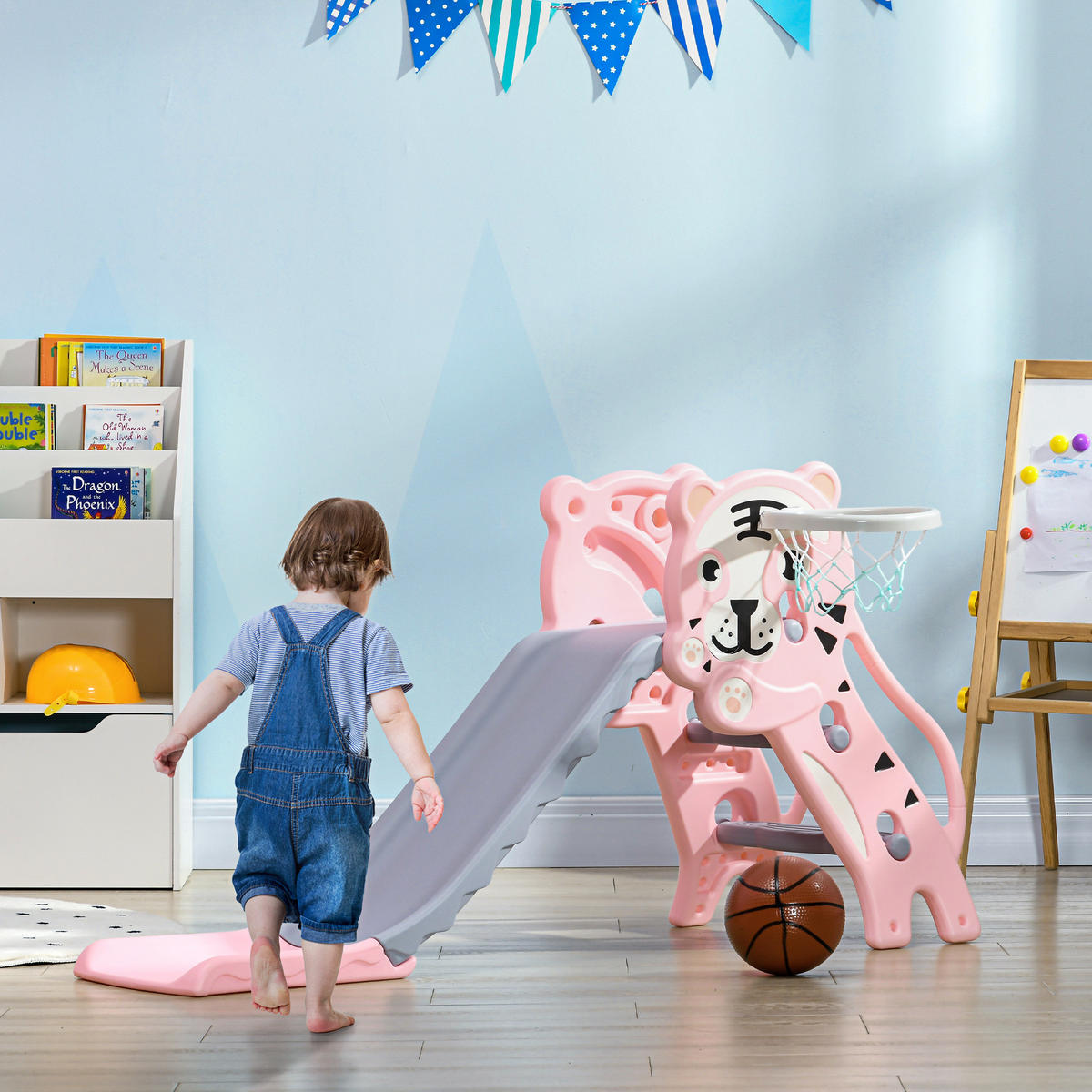 KINDERRUTSCHE DE-17985 3-in-1 mit Basketballkorb & Tigermotiv Rosa - Pink, Kunststoff (60/70/133cm) - ComfortXL