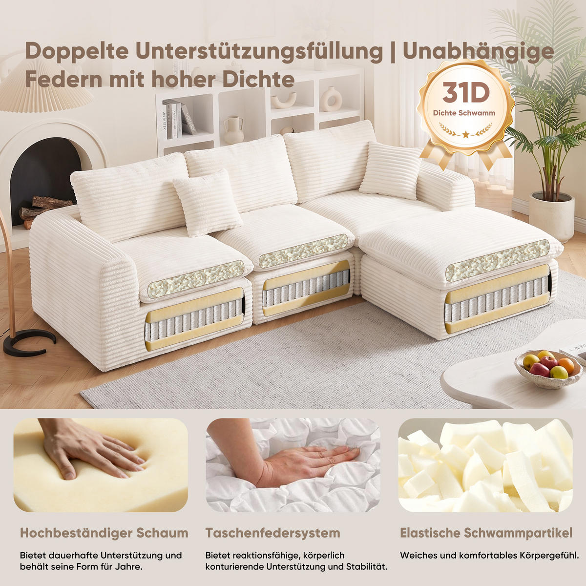 ECKSOFA 280/180/65 cm Beige Cord mit 1 Fußhocker - Beige, Textil (180/280cm) - Oxeza
