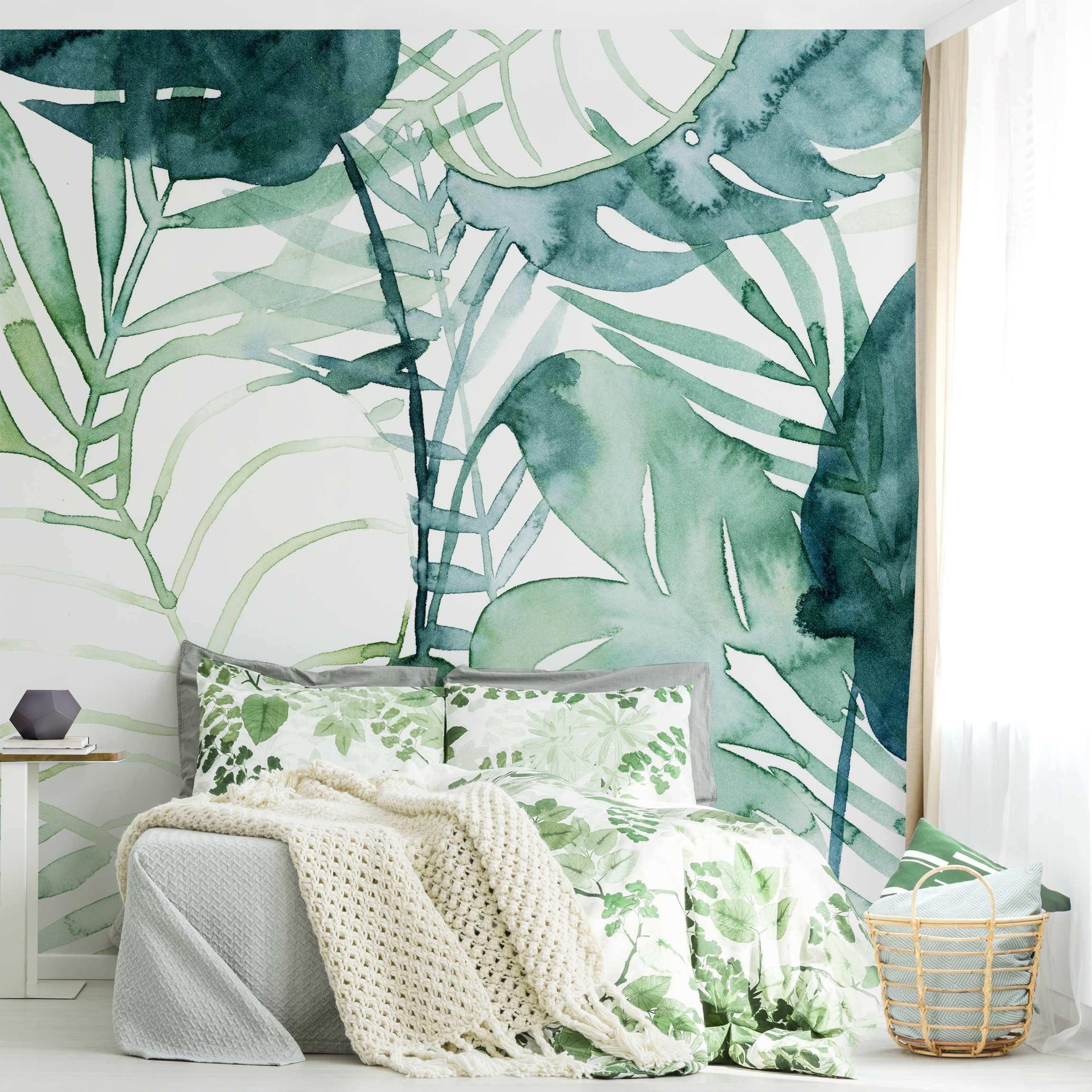 FOTOTAPETE Palmwedel in Wasserfarbe II 240/240 cm - Grün, Papier (240/240cm) - Bilderwelten