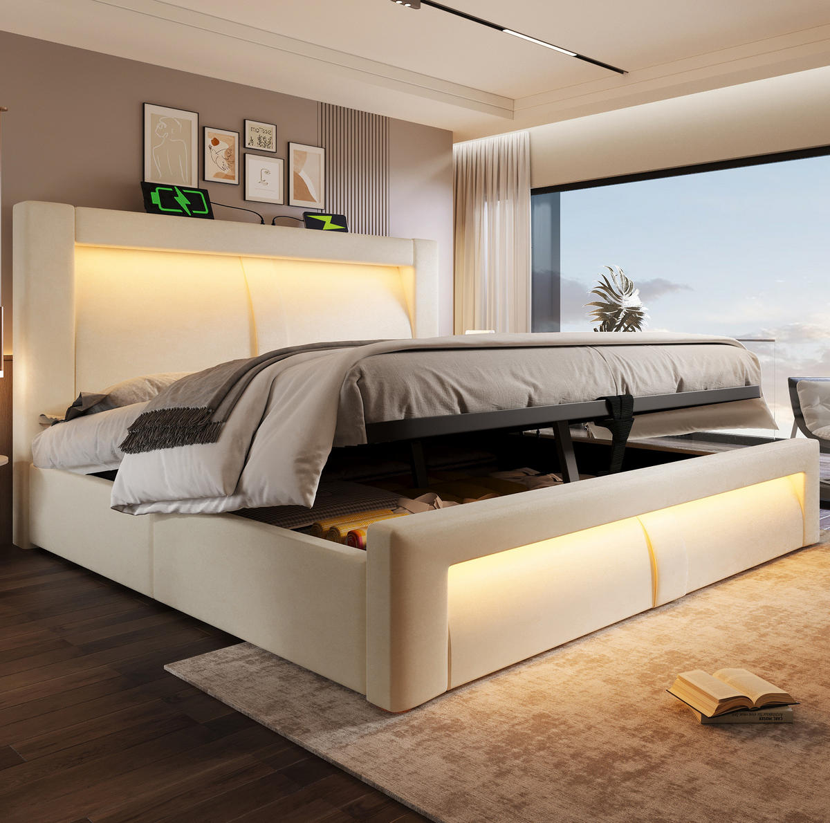 BETT mit Stauraum 140x200 cm Samt Beige mit LED - Beige, Metall (140/200cm) - Meubliv