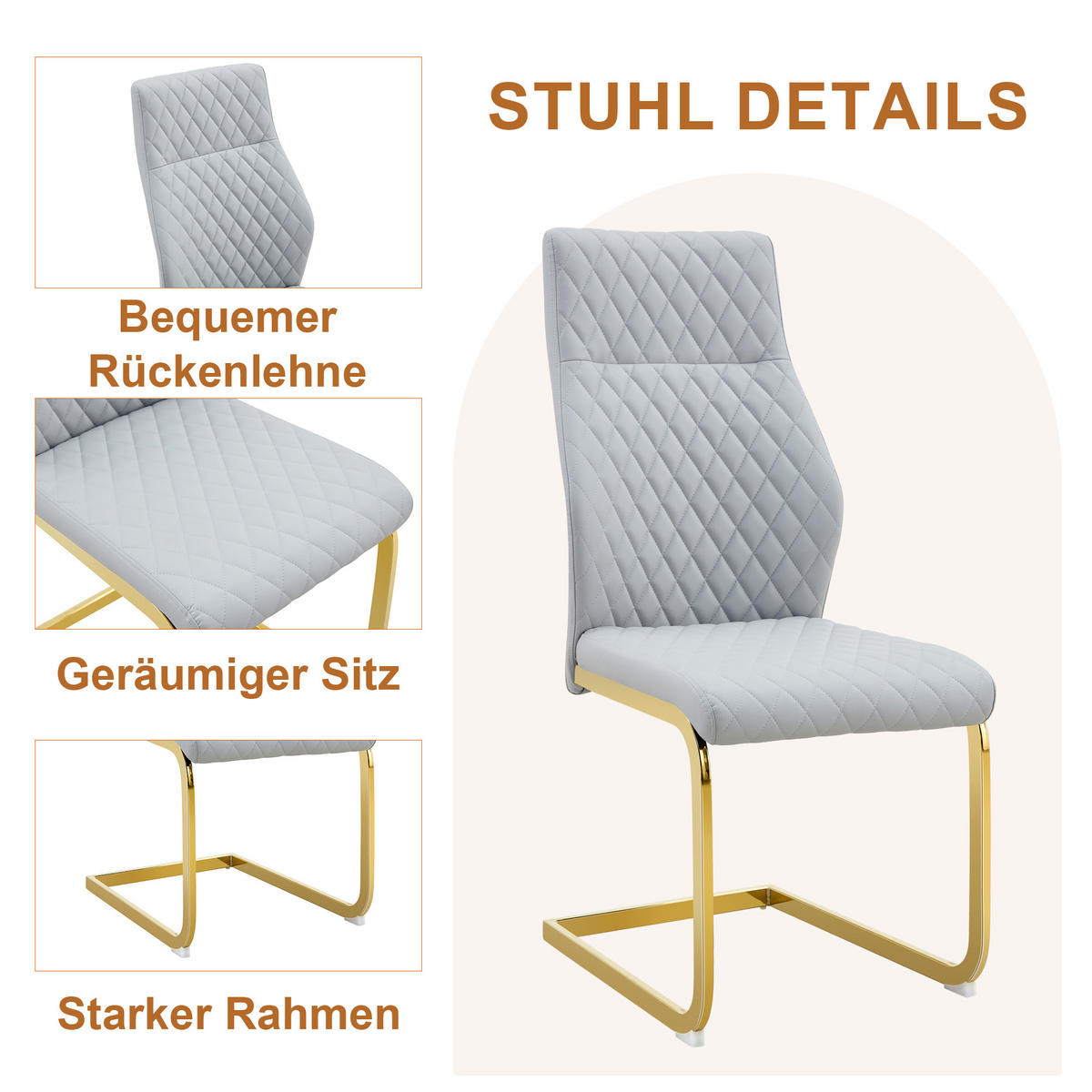 ESSGRUPPE DE-39470 5-teilig, Glastisch und 4 Stühlen mit Rautenmuster Hellgrau - Hellgrau, Metall (85/75/85cm) - ComfortXL