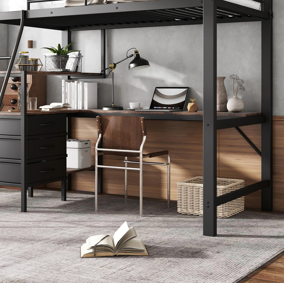 ETAGENBETT 90/200 cm schwarz aus Metall mit Tisch und 3 Schubladen - Schwarz, Metall (90/200cm) - OKWISH