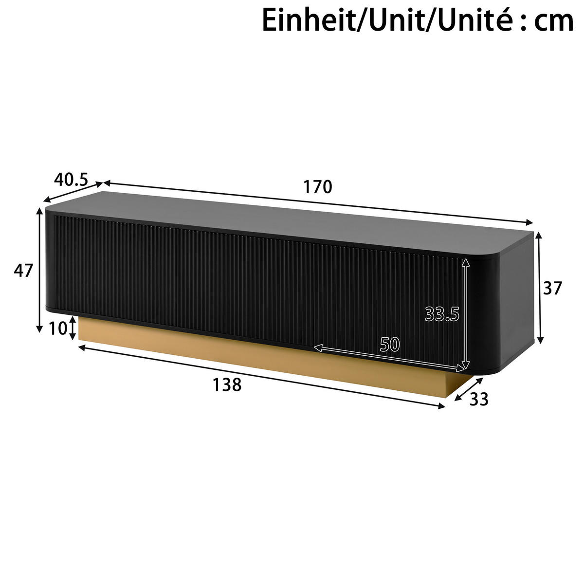 TV-LOWBOARD 170/40,5/47 cm mit 3 Türen, verstellbarem Einlegeboden und Kabelführung, Schwarz - Schwarz, Holzwerkstoff (170/47/40.5cm) - Redom