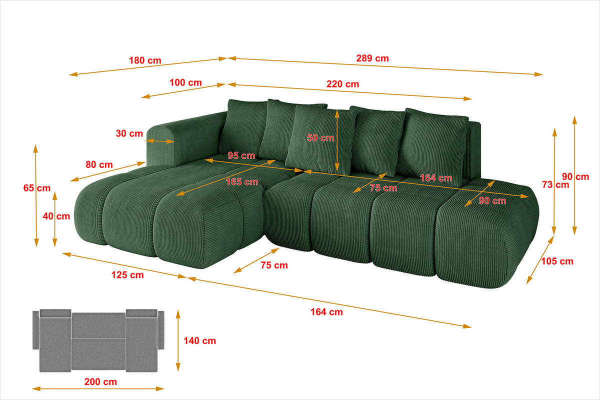 ECKSOFA Ottomane Links CLOUD-L-v1 289x180x40 Grün Cord - Grün, Holzwerkstoff/Kunststoff (180/289cm) - ALTDECOR