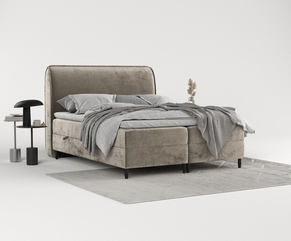 BOXBETT Melba Beige 140/200 cm mit Matratze und Topper - Beige/Schwarz, Holz/Holzwerkstoff (140/200cm) - Maison de Reve