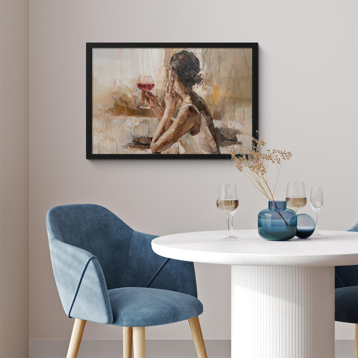 ZARÁMOVANÝ PLAGÁT Olejomaľba - Žena - Víno 60x40 cm - svetlohnedá, papier (60/40cm) - MuchoWow