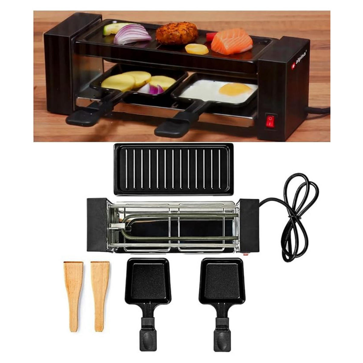 RACLETTEGRILL Mini Tischgrill, 2 Personen, Antihaftbeschichtet, Edelstahl Grill, Raclette Gerät, Pfännchen Set - Schwarz, Metall (10/10/30.4cm) - Alpina