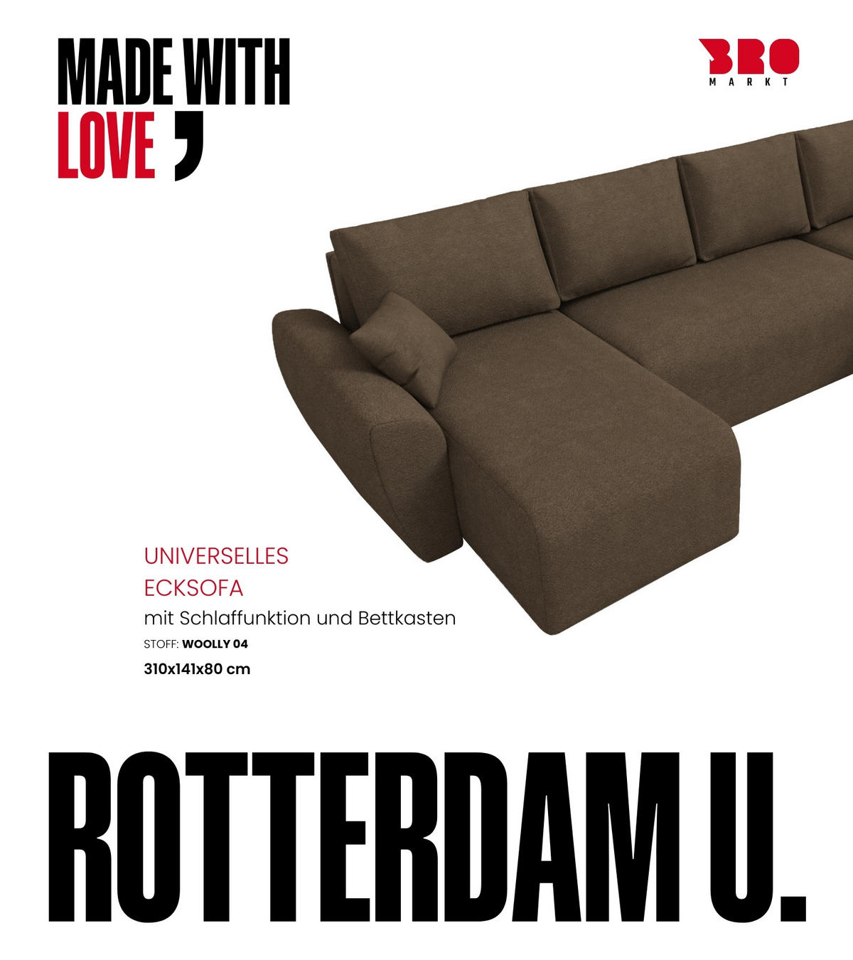 WOHLANDSCHAFT Rotterdam U mit Schlaffunktion Braun Bouclé - Braun, Textil (310/80/141cm) - Bromarkt